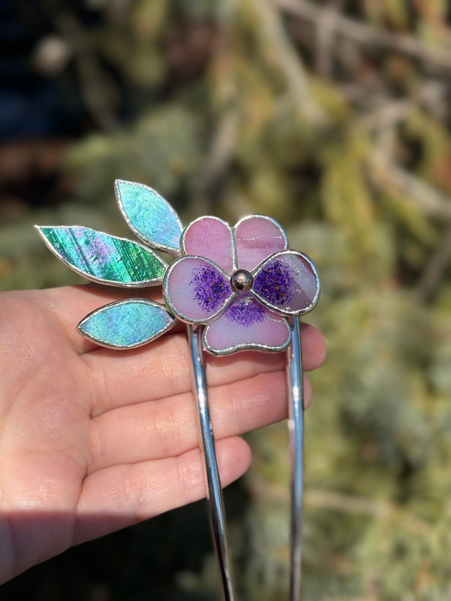 .Hair Pin Stained Glass Pansy Flower CHOOSE COLOR Handmade Floral Accessories