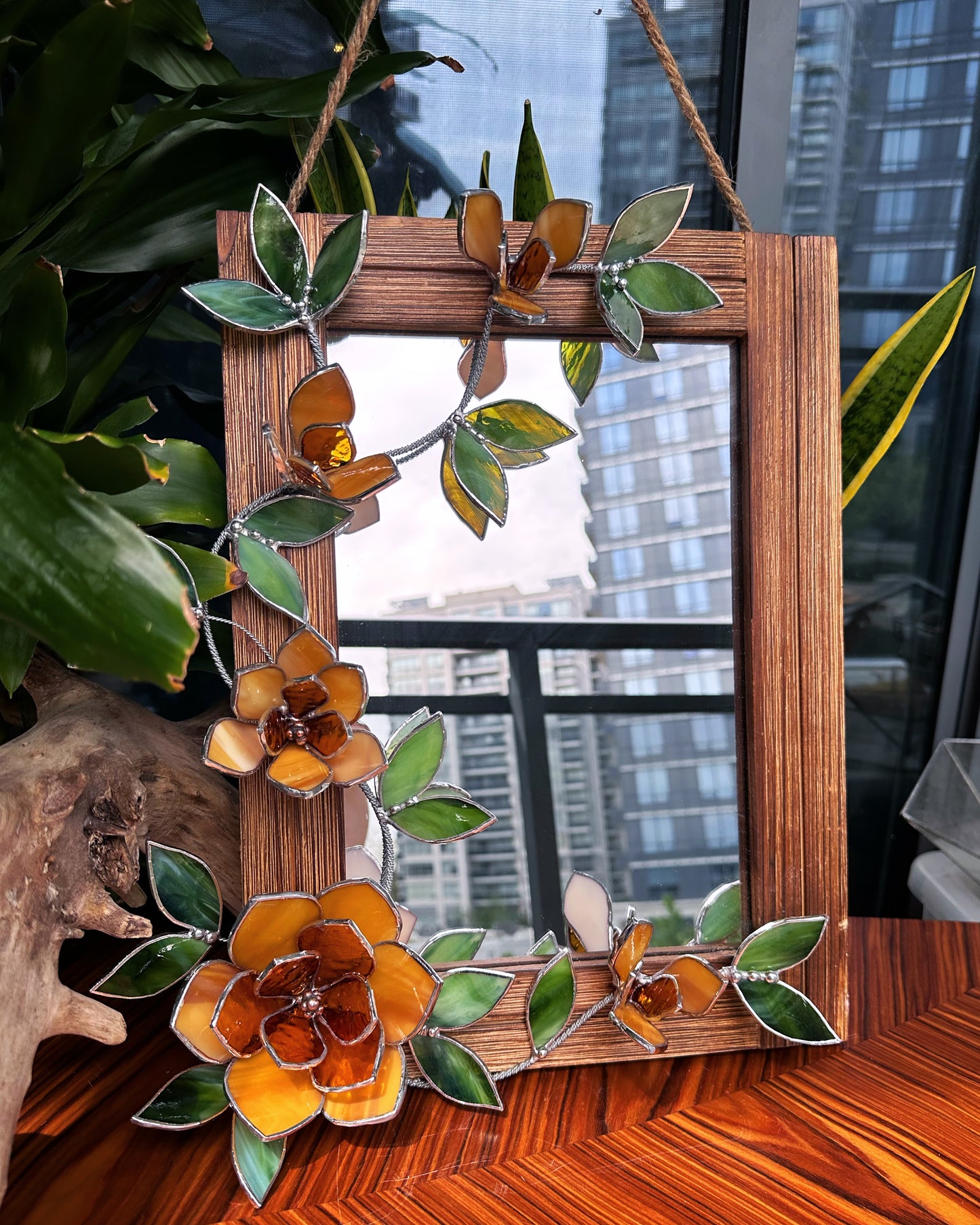 " . Amber Magnolia Flower Mirror, Stained glass Wedding Wall Decor, Christmas gift, Suncatcher