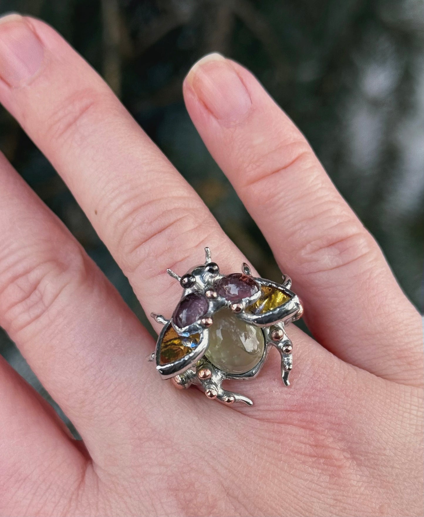 " . Bug Ring “Flower Chafer with Pink Tourmaline & Olive Prehnite”, art jewelry pendant with gemstones 3D wedding jewelry Mother’s Day gift