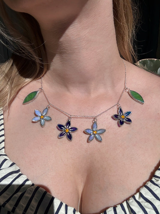 .Beautiful Forget Me Not Stained Glass Necklace 4 flowers, Botanical Art Jewelry new