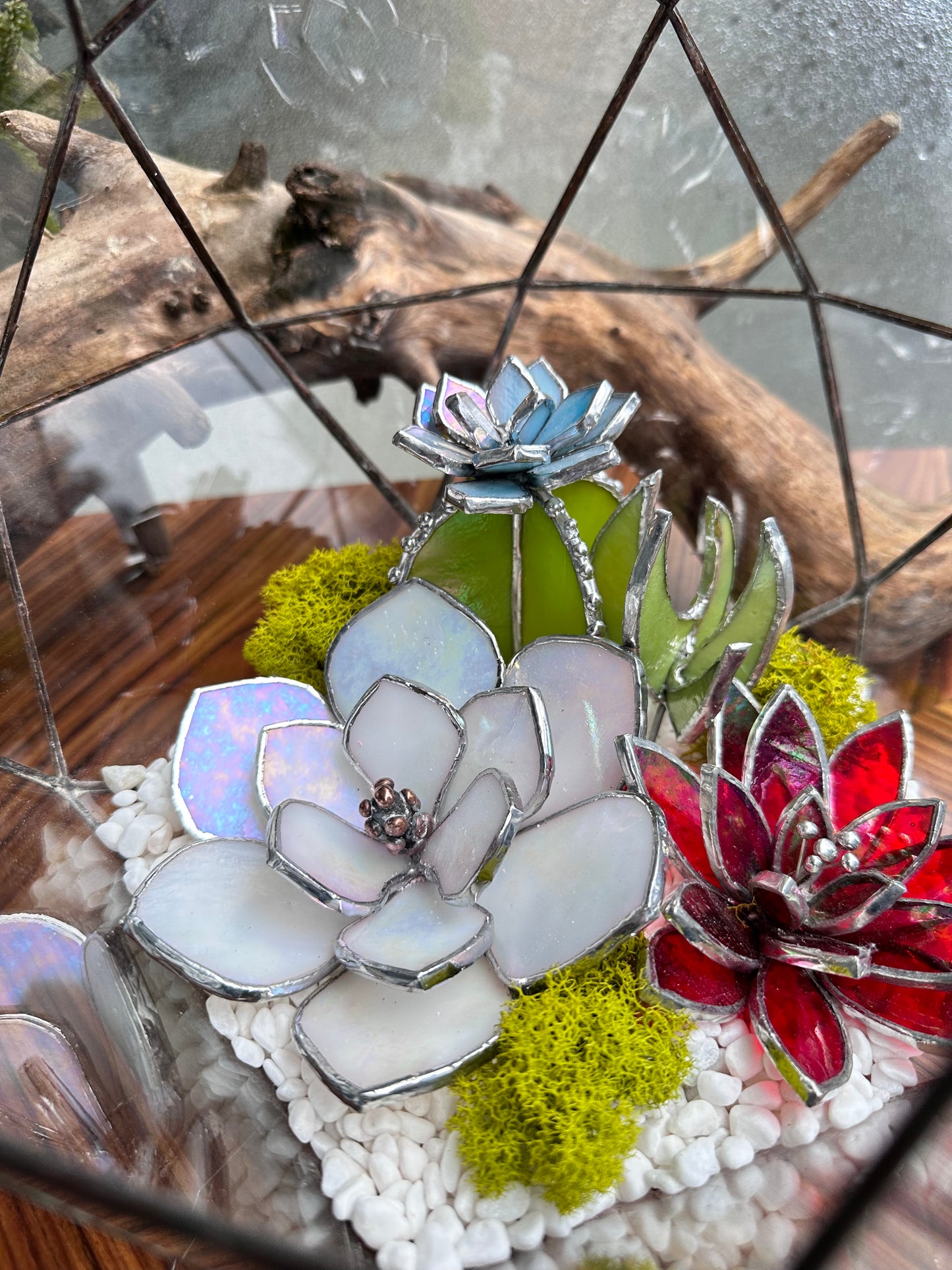Geometric glass 3D terrarium with stained glass plants , Wedding glass decor, Mother’s Day  gift, glass art, sun catcher, succulents