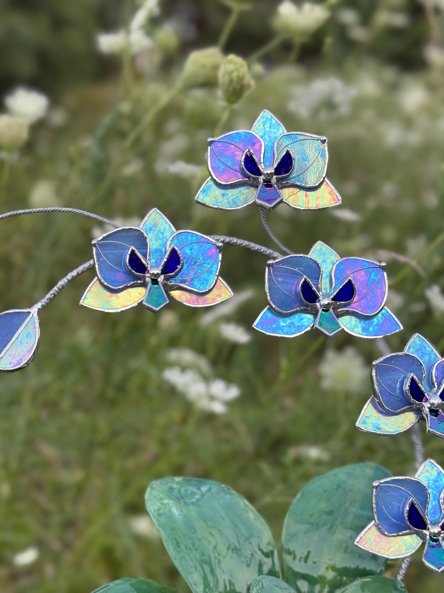 .Blue lavender Orchid, WITH RESIN LEAVES, 5 Flowers, Handmade Stained Glass Botanical Art Decor