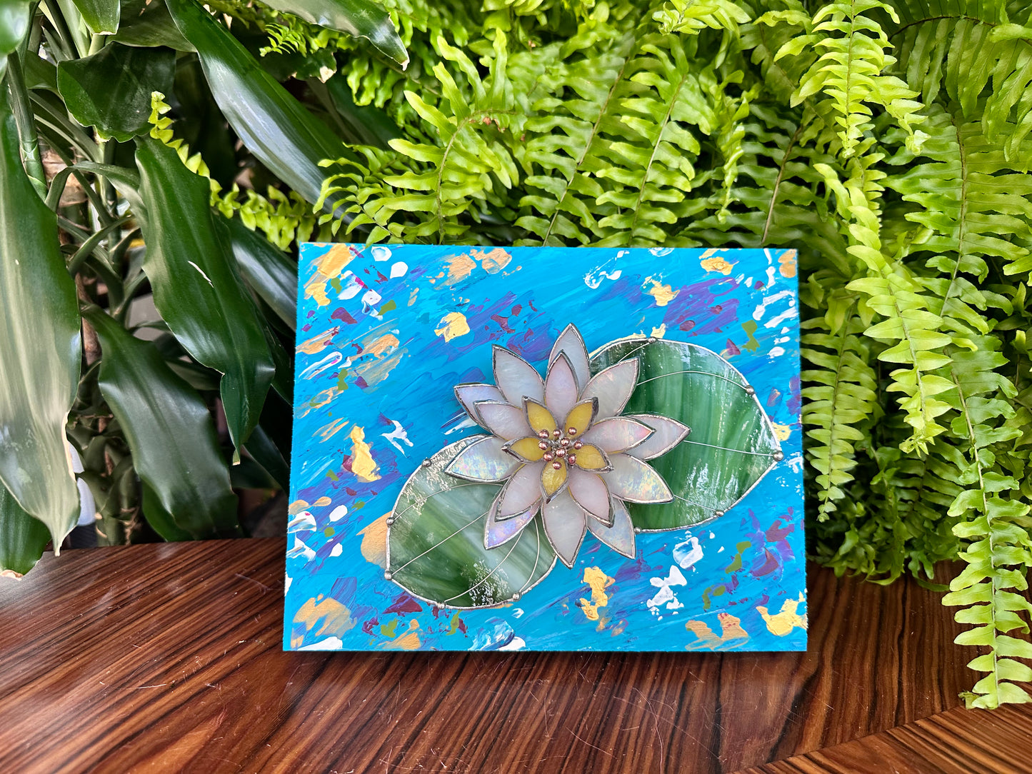 ".Acrylic painting ‘Lily Pond’ with stained glass 3D water Lily, Wall decor, Wedding, Christmas gift, available