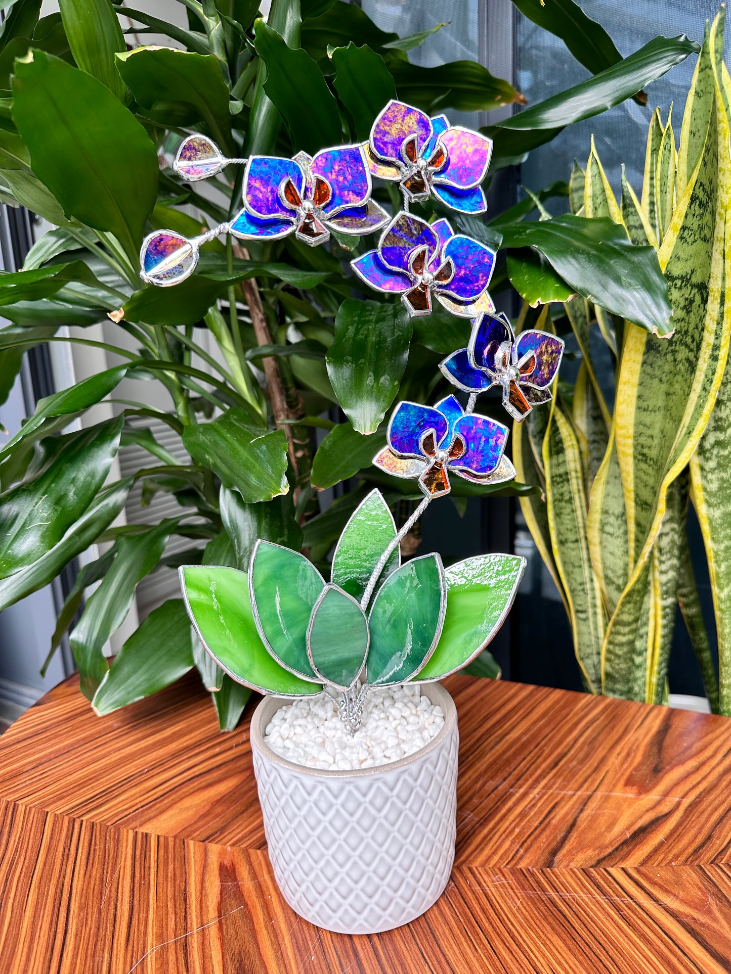 ". Amethyst luminescent Orchid 5 flowers with pot" Stained glass tropical flower 3D, Sun catcher, Table plant, Garden stick, wedding decor, Christmas gift