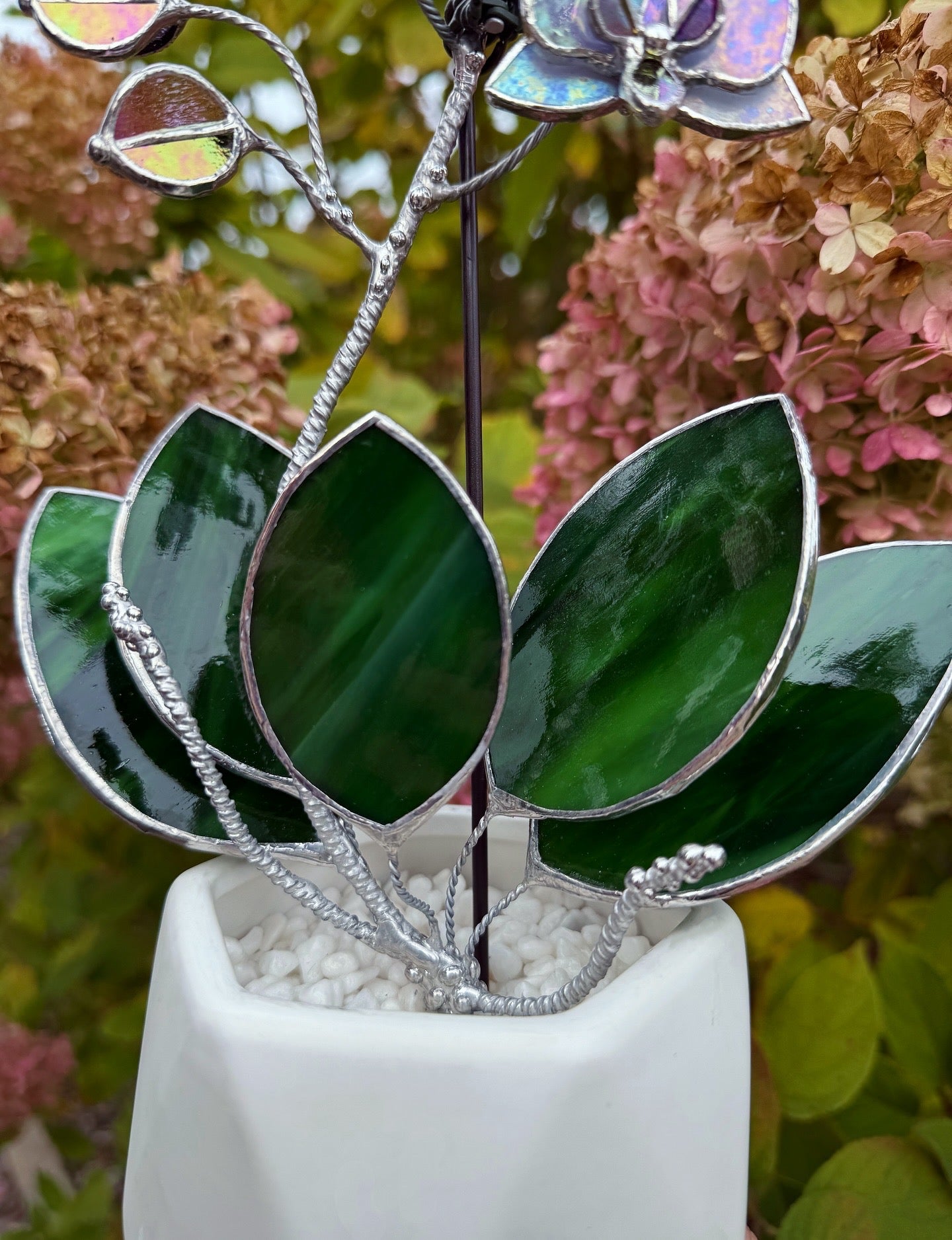 "  . Stained glass Orchid Lavender iridescent, double sided, 10 flowers with pot”, Stained glass tropical flower 3D, Suncatcher, Table plant decor
