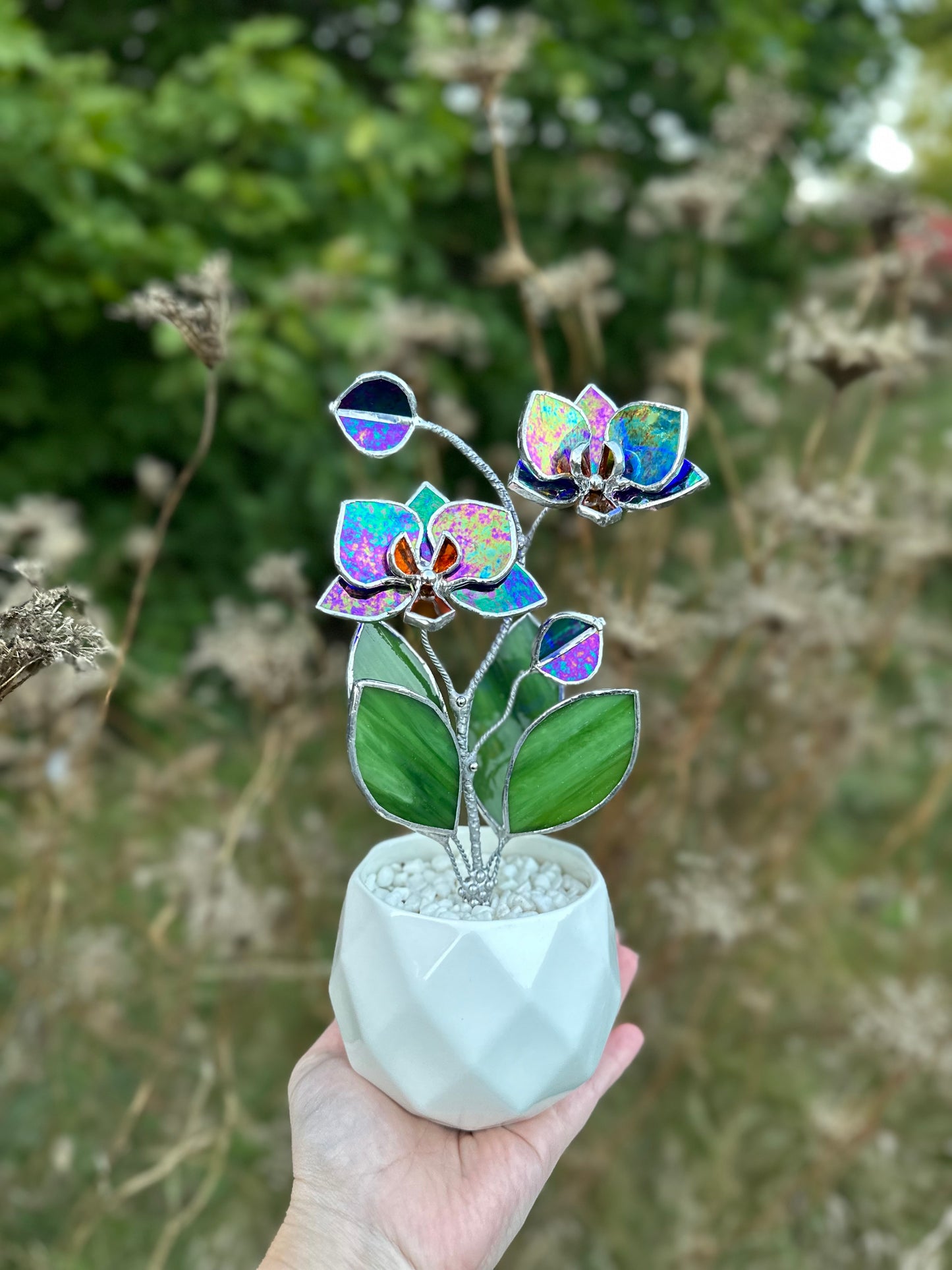 " . Indigo iridescent Orchid 2 flowers with pot” Stained glass tropical flower 3D, Sun catcher, Table plant decor, Garden stick, Outdoor and gardening decor