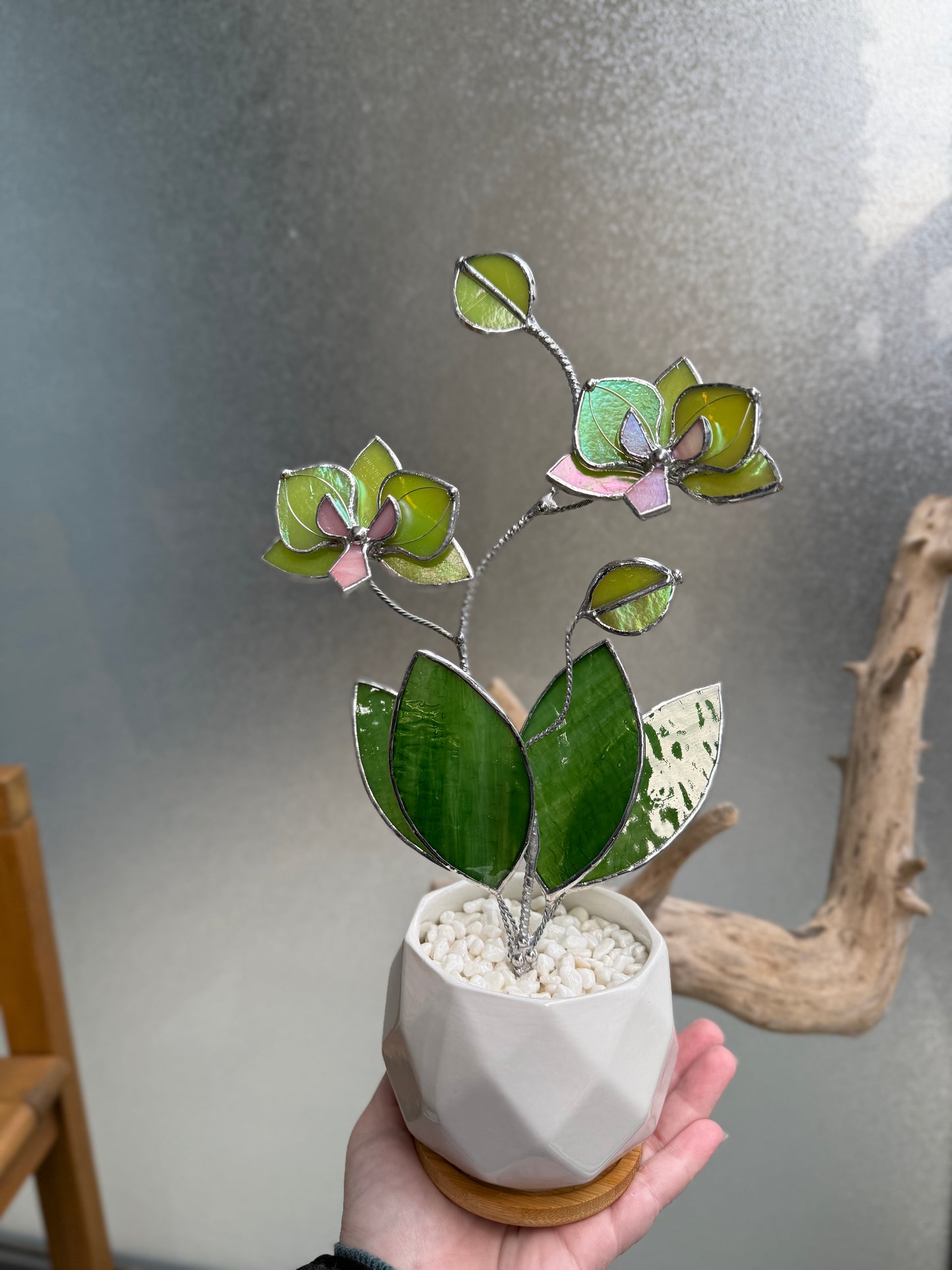 " .  Bright green iridescent Orchid, 2 flowers with pot” Stained glass tropical flower 3D, Suncatcher, Table plant decor