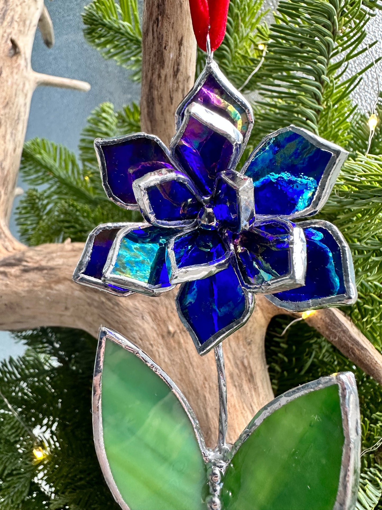 Christmas tree ornament Flower Indigo iridescent Set of 1, 3, 5, 7, 10. Stained glass Wall window decor, holiday decorations, lights