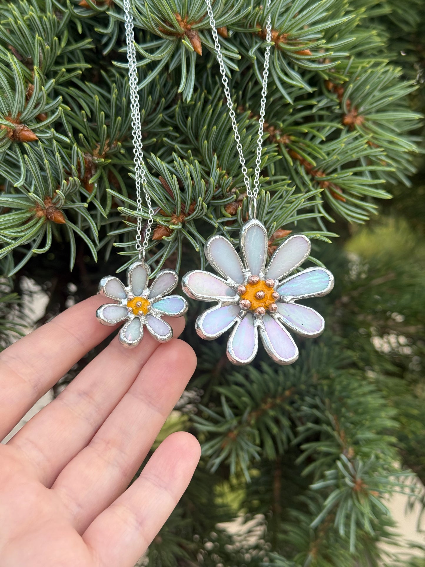 Daisy White Pearl Iridescent L S sizes, Stained Glass Necklace or Brooch, Handmade Botanical Jewelry