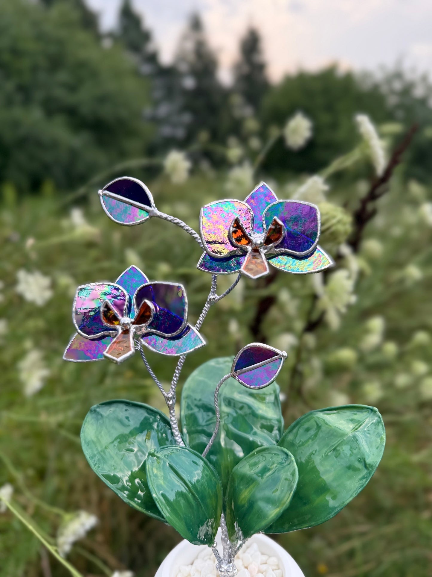 Orchid Indigo iridescent WITH RESIN Hand painted LEAVES Stained Glass 2 flowers in a Pot, Botanical Art Sculpture