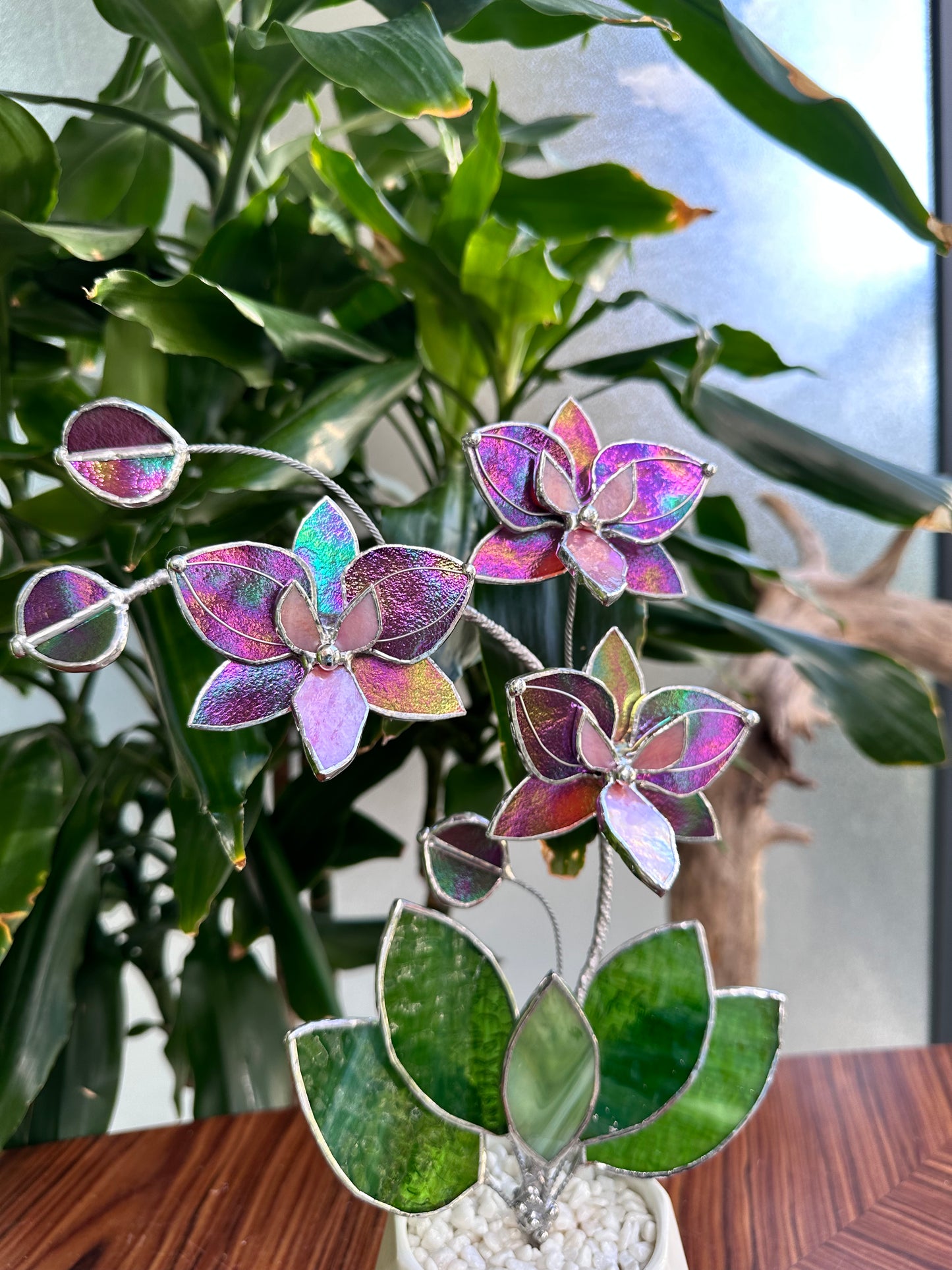 " . Mauve iridescent Butterfly Orchid 3 flowers with pot” Stained glass tropical flower 3D, Sun catcher, Table plant, Garden stick, Outdoor and gardening decor