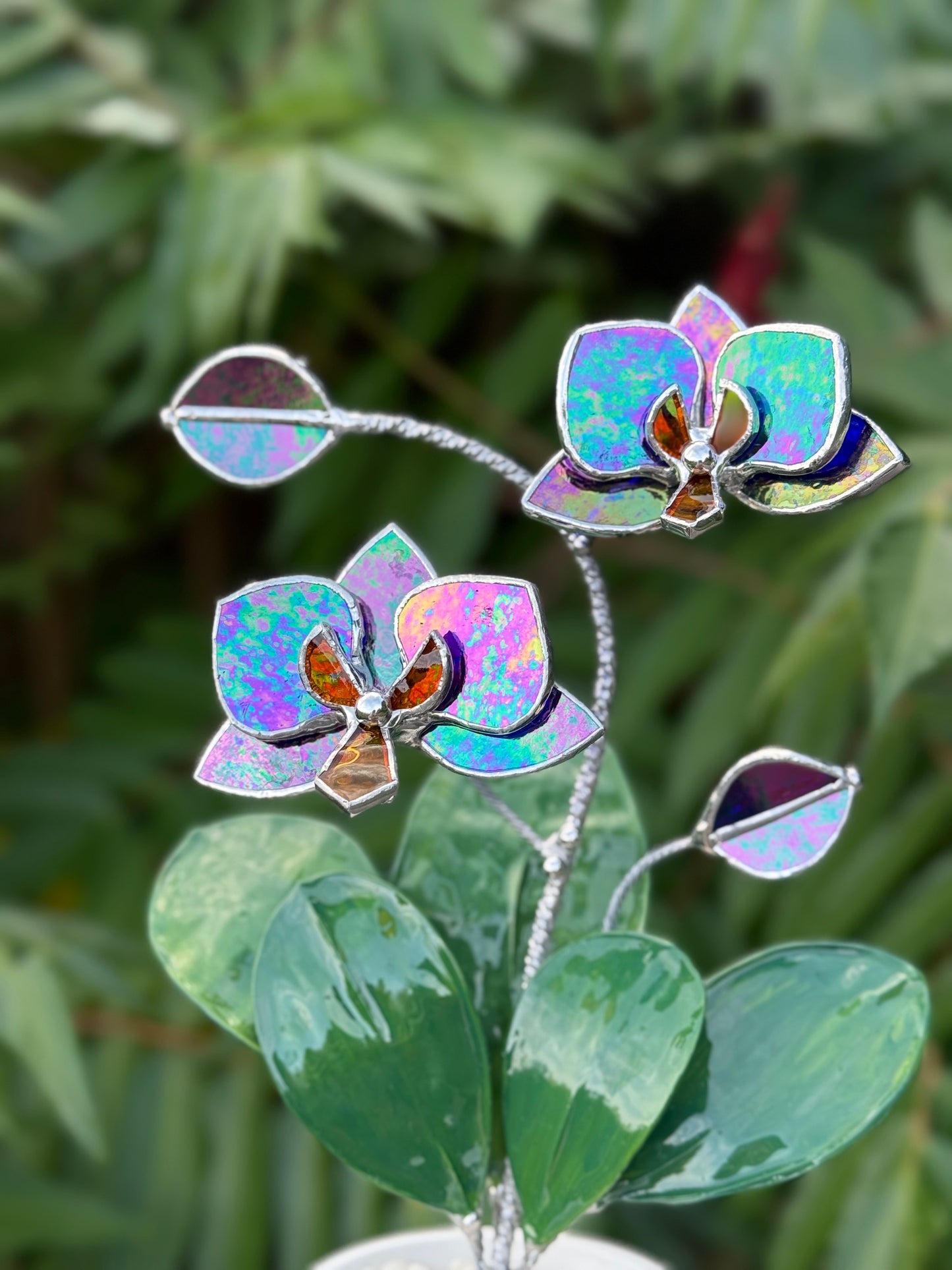 Indigo iridescent Artificial Orchid WITH RESIN Hand painted LEAVES 2 flowers with bud in a Pot, Botanical Art Sculpture