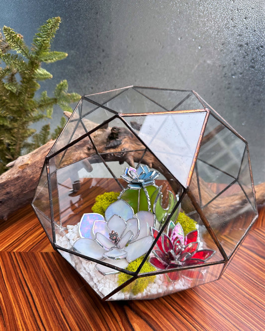 Geometric glass 3D terrarium with stained glass plants , Wedding glass decor, Mother’s Day  gift, glass art, sun catcher, succulents
