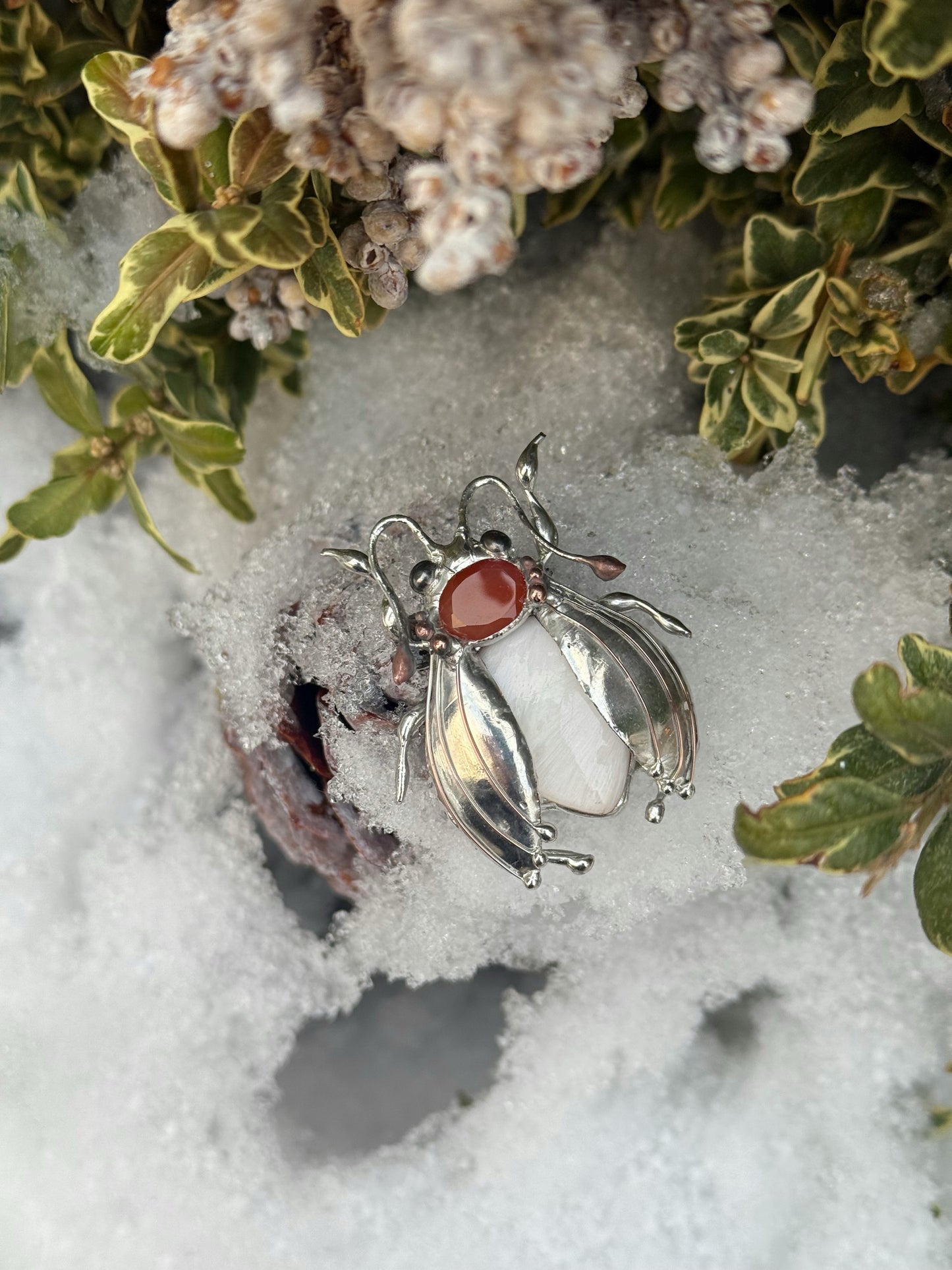 "  . Bug Necklace or Brooch with semi-precious stones and fused glass, art jewelry pendant 3D wedding jewelry Mother’s Day gift