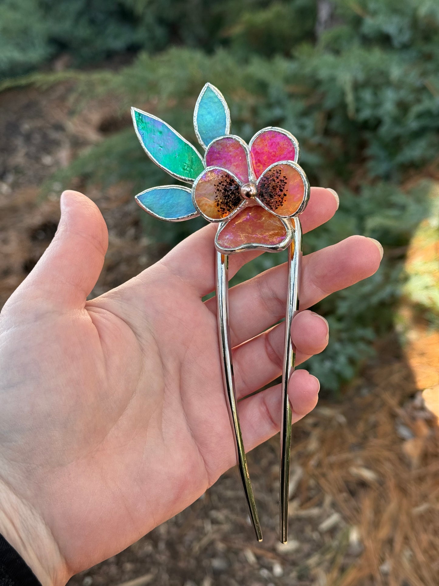 .Hair Pin Stained Glass Pansy Flower CHOOSE COLOR Handmade Floral Accessories