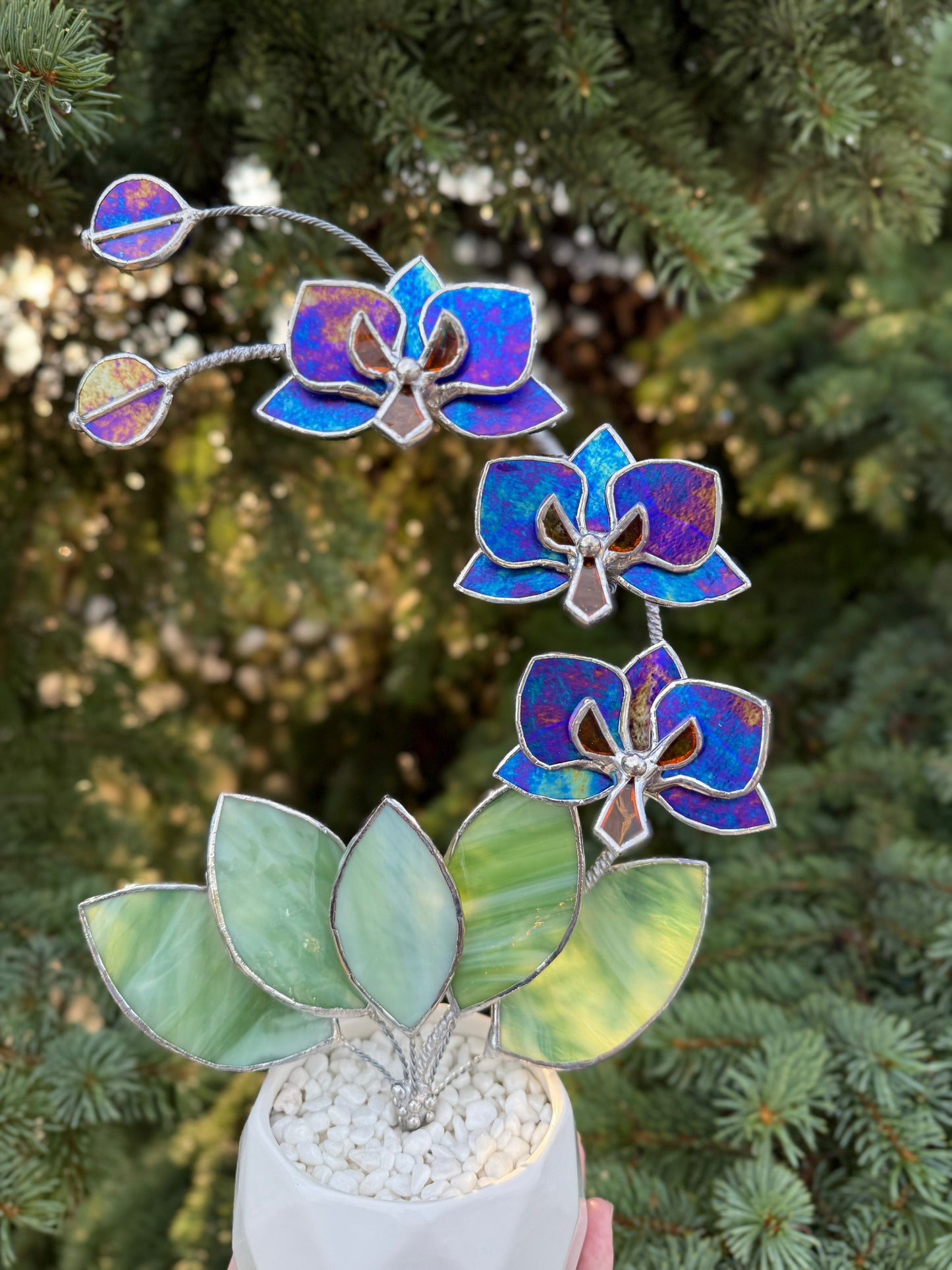 " . Indigo iridescent Orchid 3 flowers with pot ” Stained glass tropical flower 3D, Sun catcher, Table plant, Garden stick, Outdoor and gardening decor