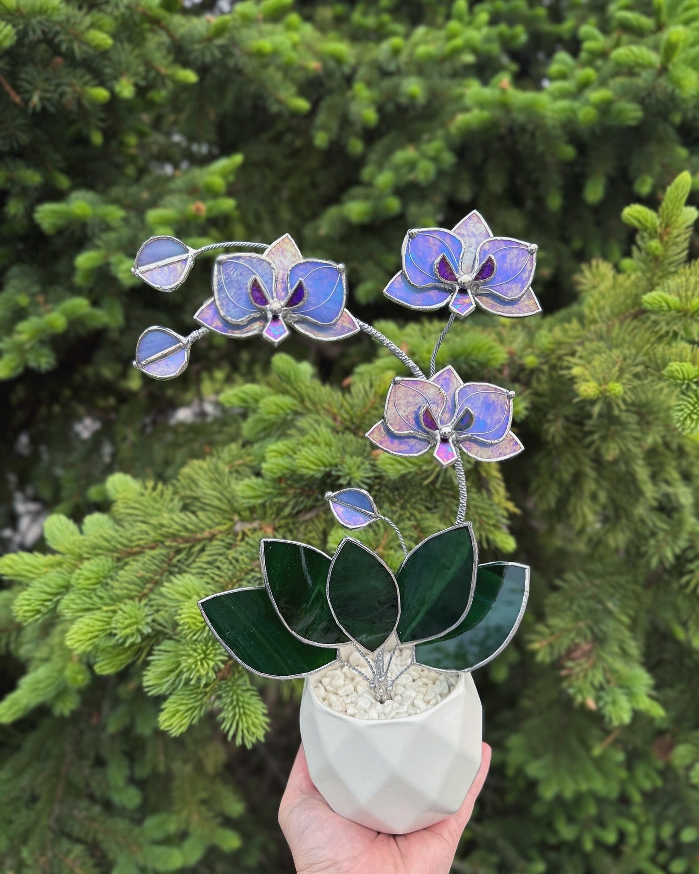 " . Blue lavender iridescent Orchid 3 flowers with pot” Stained glass tropical flower 3D, Sun catcher, Table plant, Garden stick, Outdoor and gardening decor available new