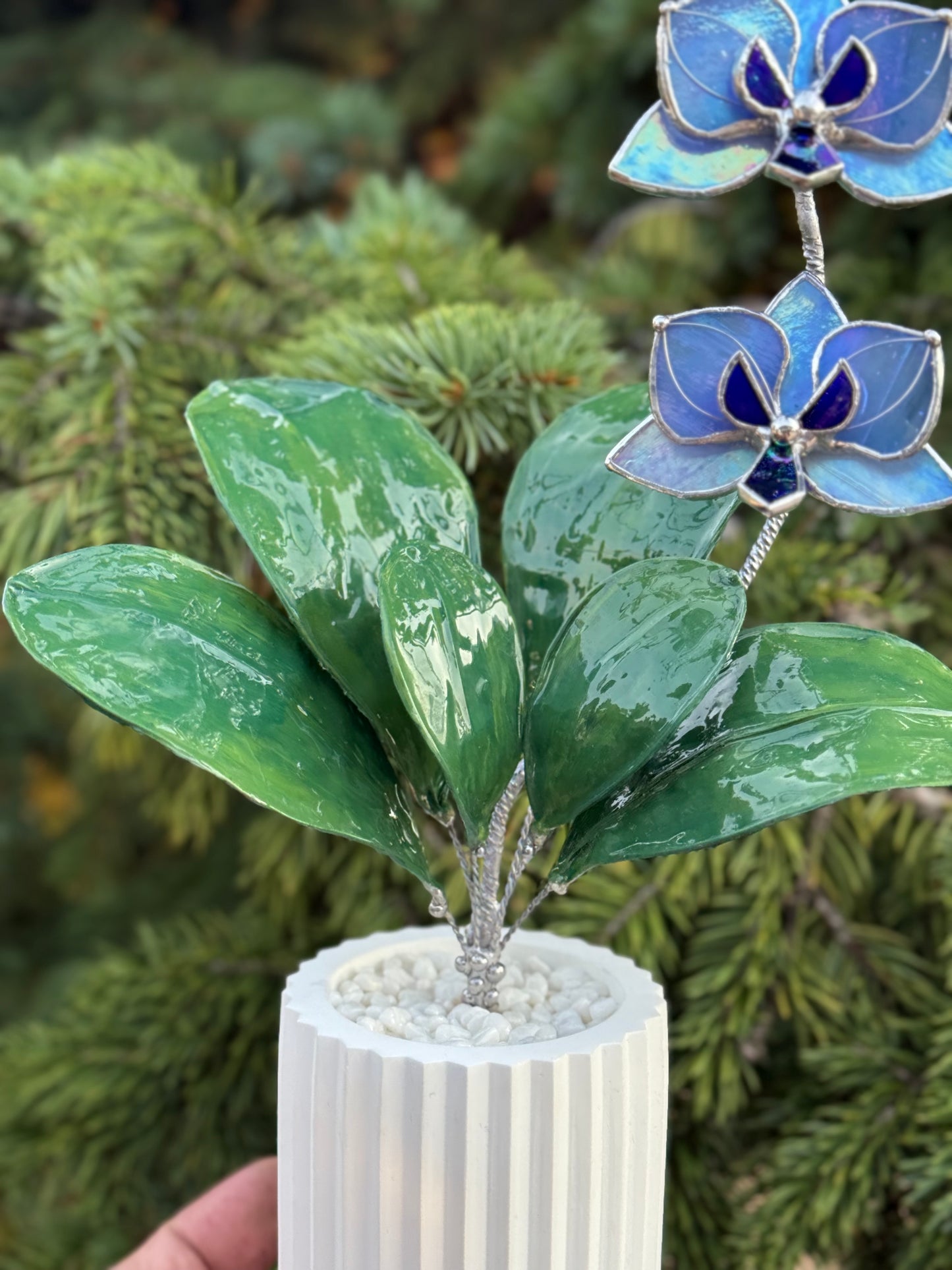 .Blue lavender Orchid, WITH RESIN LEAVES, 5 Flowers, Handmade Stained Glass Botanical Art Decor