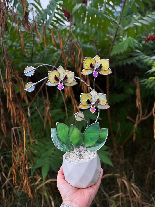 " . Lemon yellow iridescent Orchid 3 flowers with pot” Stained glass tropical flower 3D, Sun catcher, Table plant, Garden stick, Outdoor and gardening decor