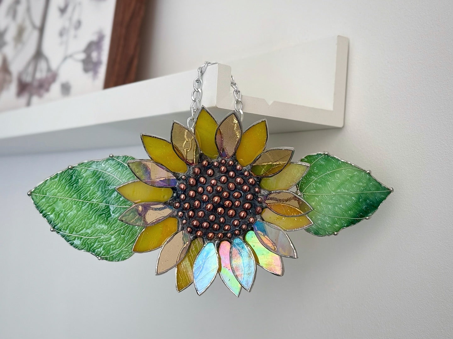 .Bright Yellow Sunflower Stained Glass Sun catcher, Wall Art Decor ready