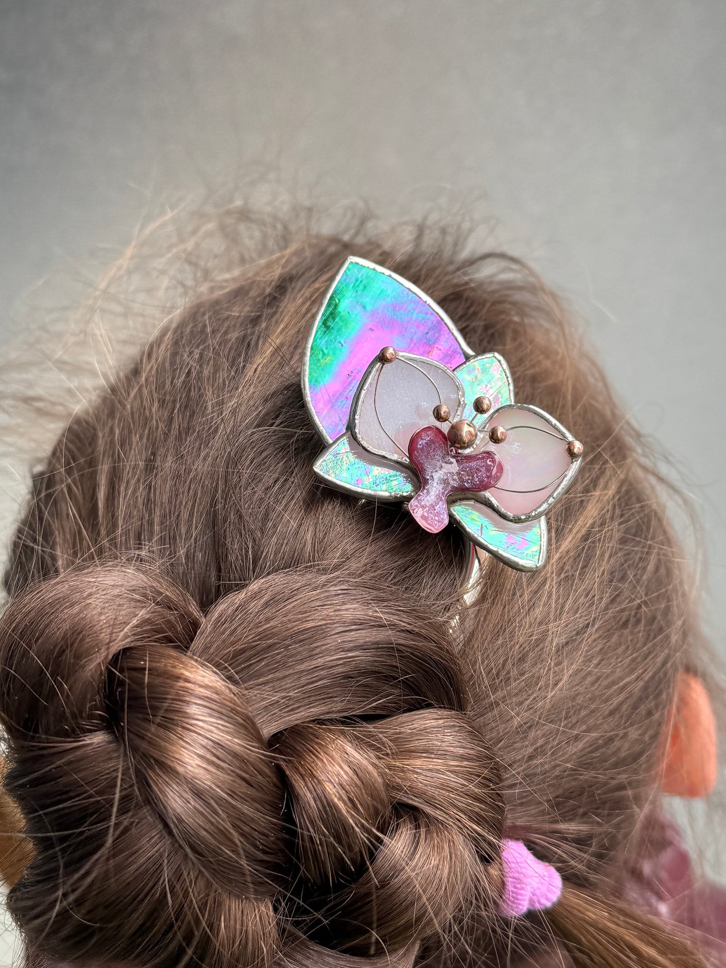 Hair Pin Stained Glass Orchid Flower CHOOSE COLOR Handmade Floral Accessories