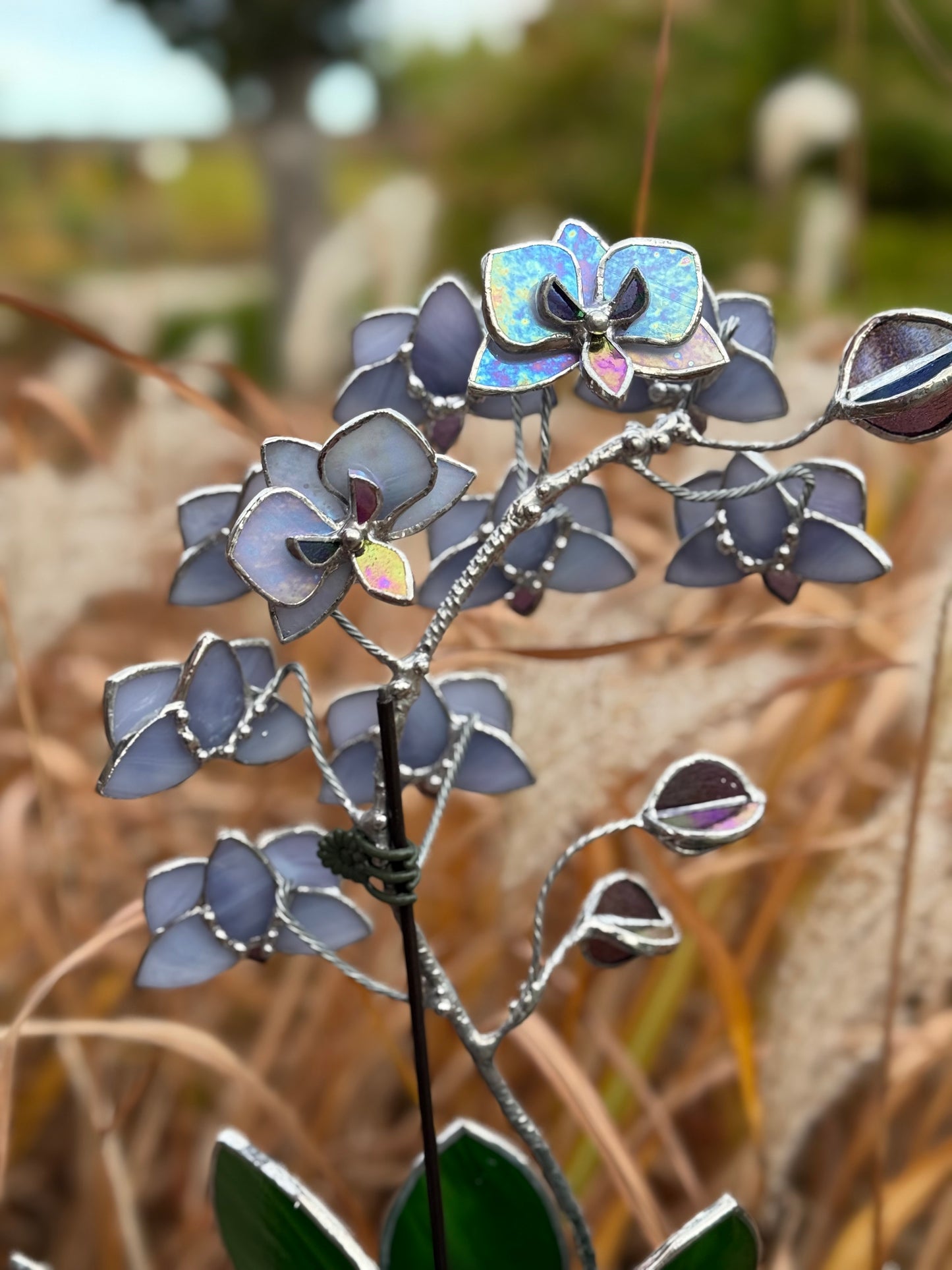 "  . Stained glass Orchid Lavender iridescent, double sided, 10 flowers with pot”, Stained glass tropical flower 3D, Suncatcher, Table plant decor