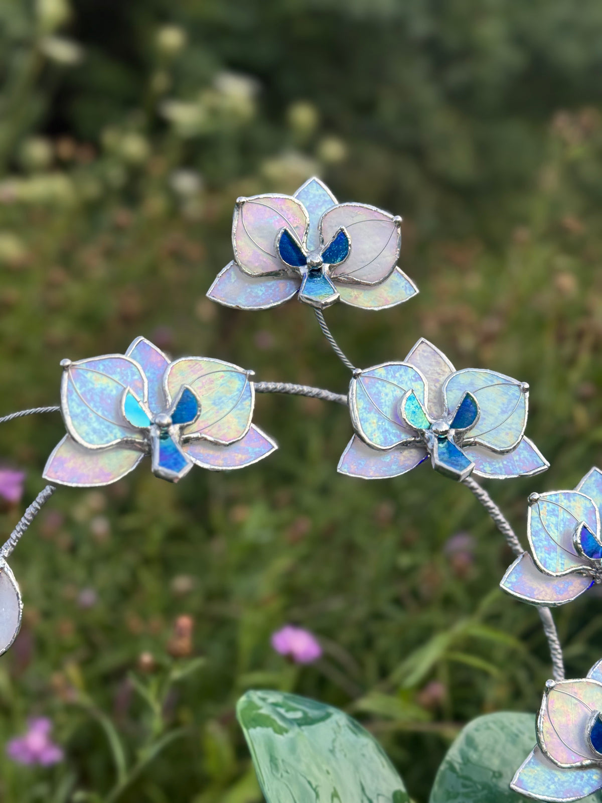 Pearl White iridescent Artificial Orchid, WITH RESIN LEAVES, 5 Flowers, Handmade Botanical Art Decor