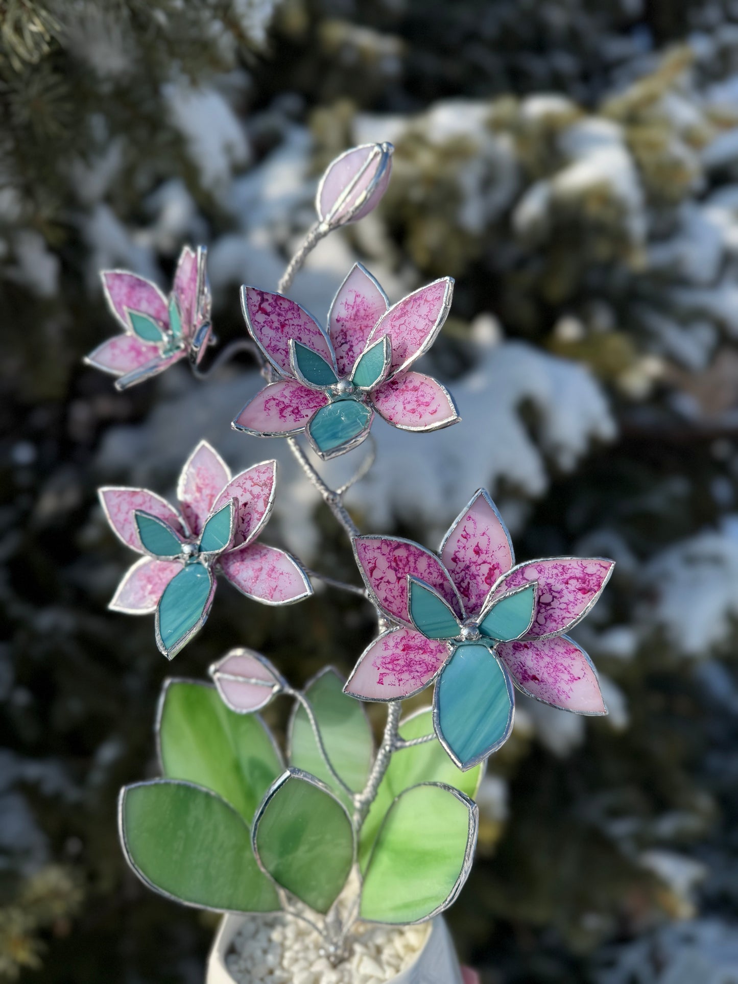 " . Bright Pink Tiger Orchid, 4 flowers with pot”, Stained glass tropical flower 3D, Sun catcher, Table plant, Garden stick, Outdoor and gardening decor