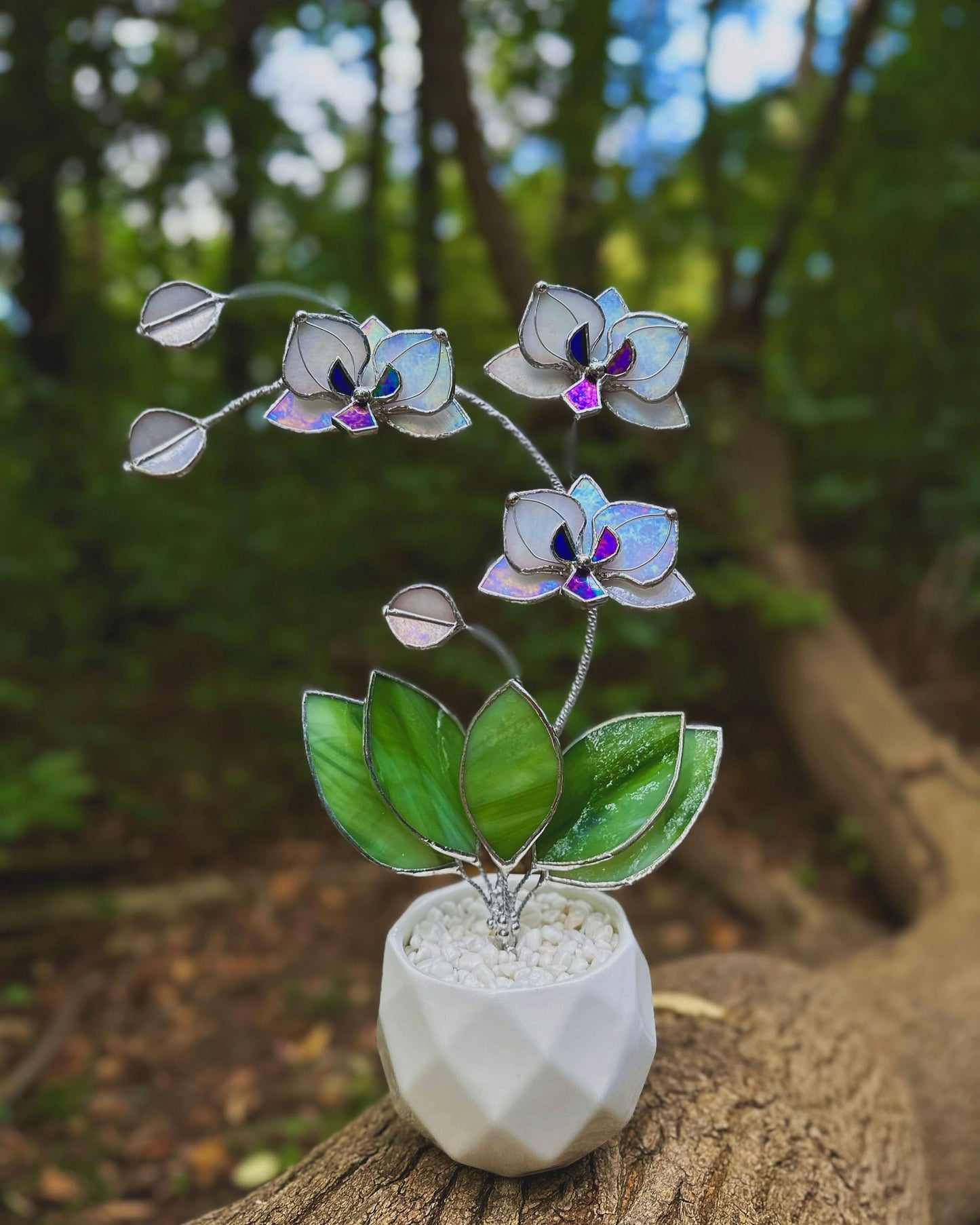 " . Orchid Pearl white iridescent, 3 flowers with pot” Stained glass tropical flower 3D, Sun catcher, Table plant decor, Garden stick, Outdoor and gardening decor