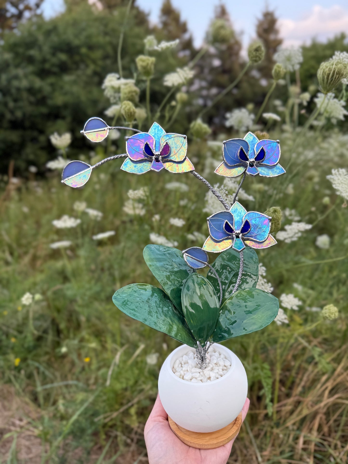 Orchid Lavender Blue Stained Glass WITH Hand Painted RESIN LEAVES, 3 Flowers, Botanical Table Decor