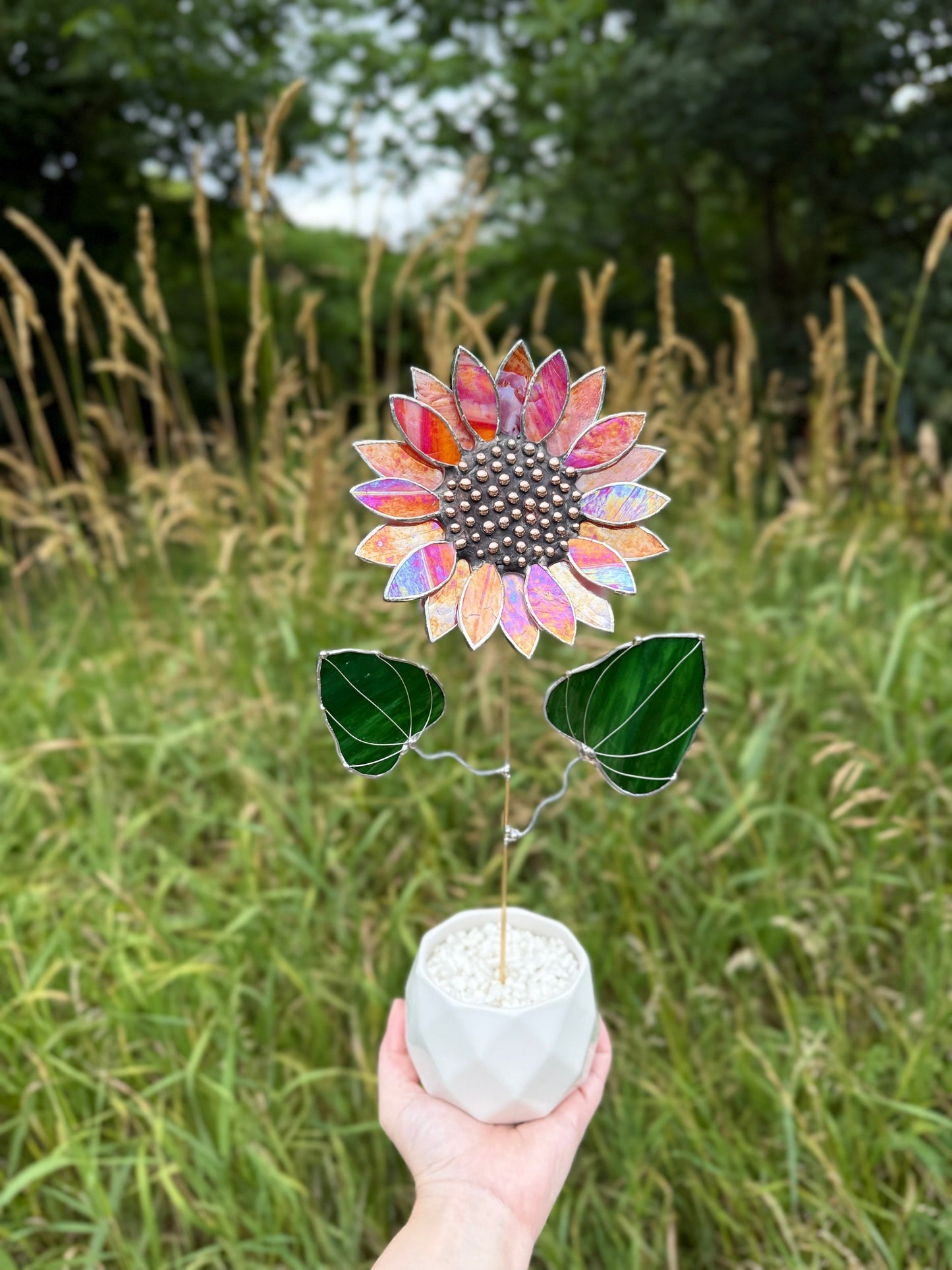 " .  Sunflower Red Amber iridescent", stained glass tropical flower 3D, Sun catcher, Table plant decor, Garden stake, Outdoor and gardening, wedding Christmas gift