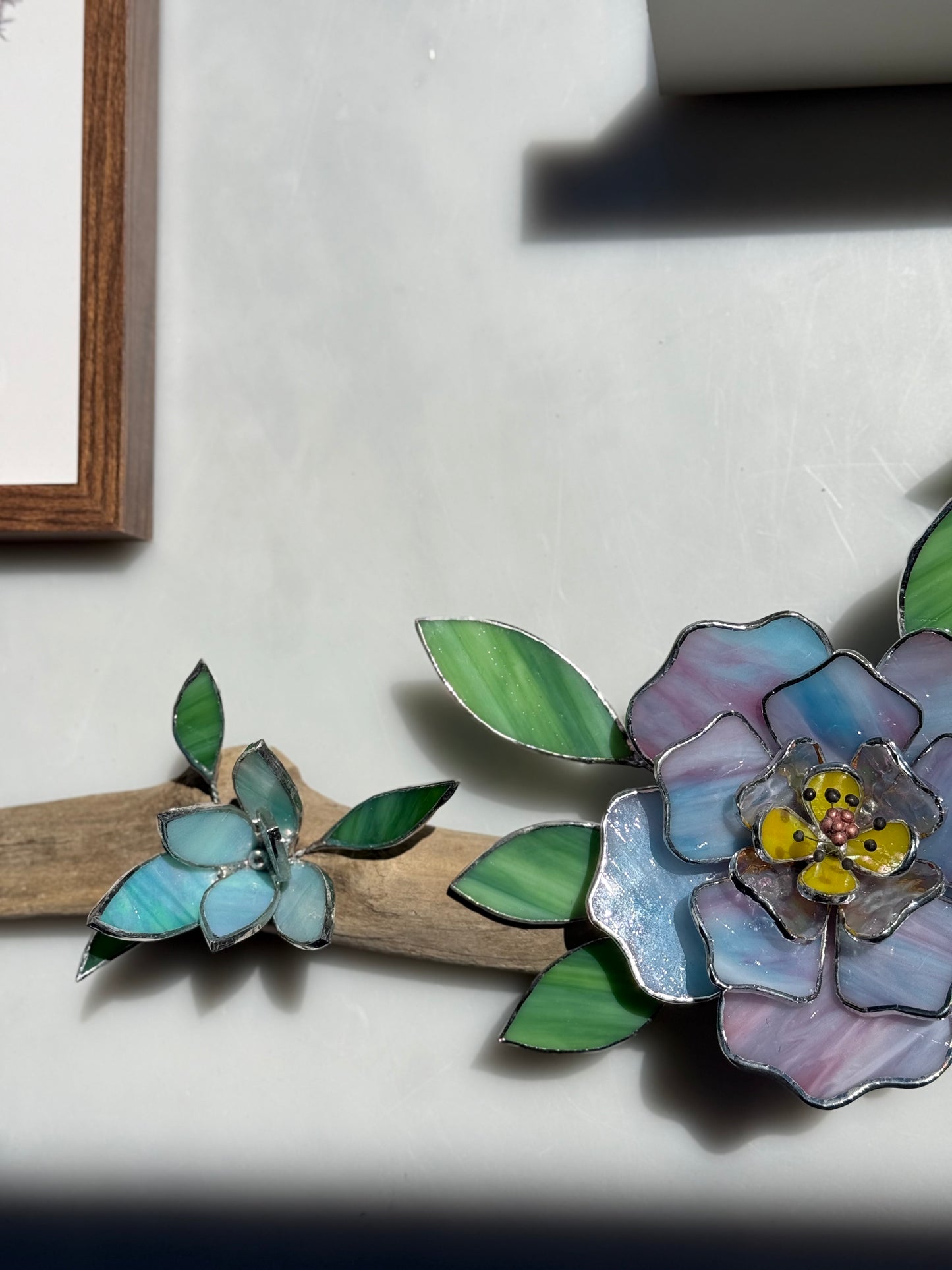 .Peonies Stained Glass Driftwood Wall Decor Suncatcher
