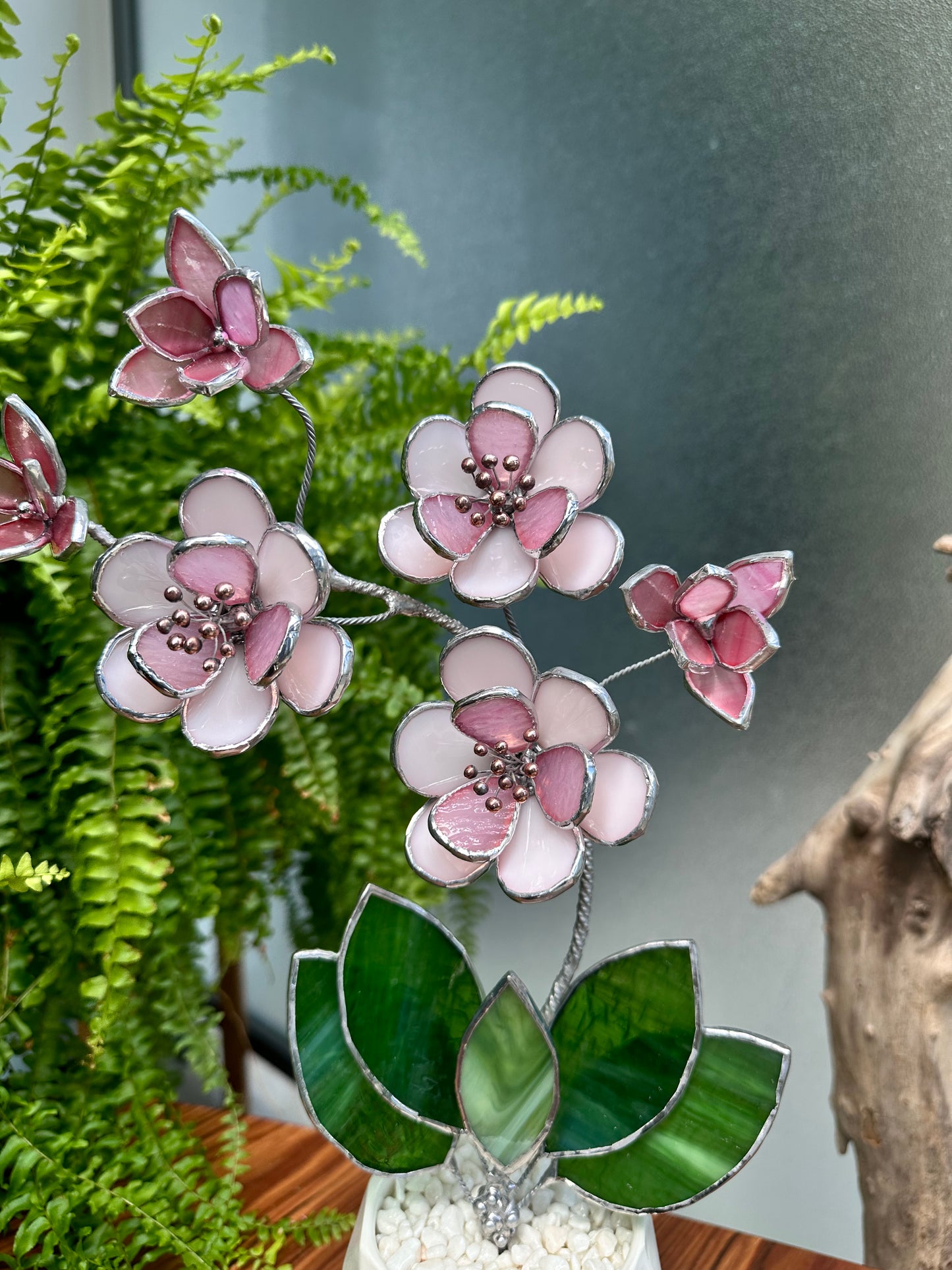 " . Sakura flowers with pot" Stained glass tropical flower 3D, Sun catcher, Table plant, Garden stick, wedding decor, Christmas gift