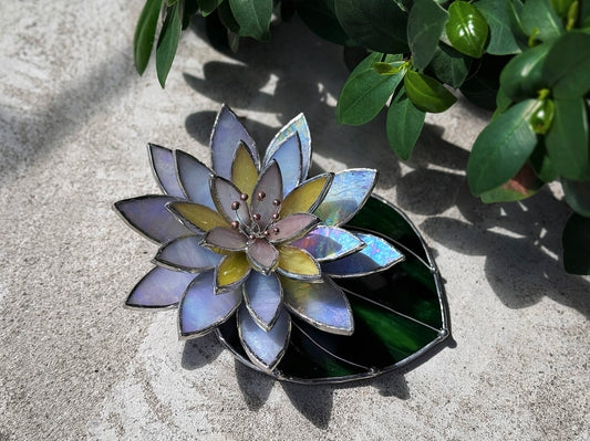 " .  Lavender iridescent Water Lily with leaf" Stained glass table decor, suncatcher, succulents