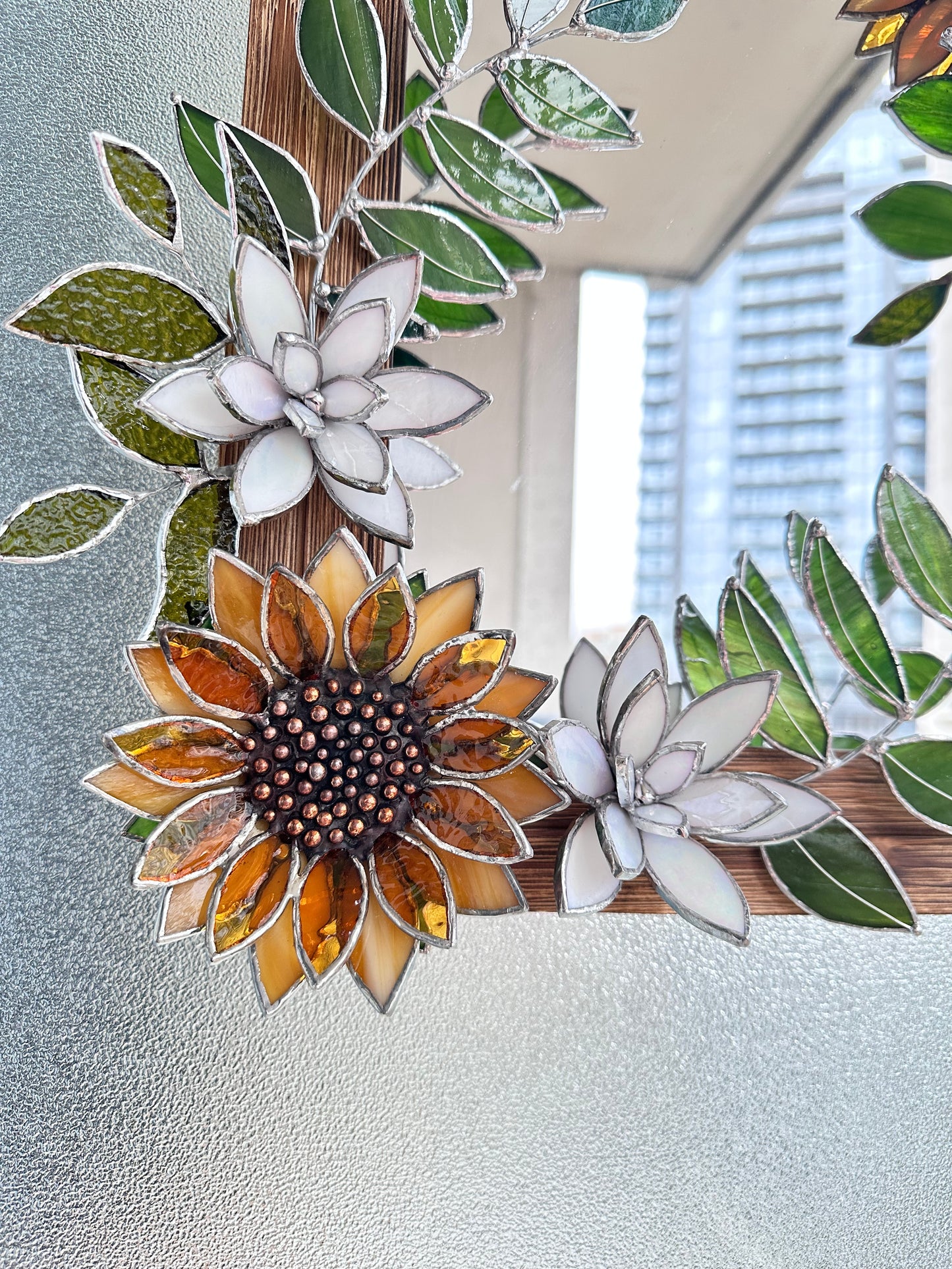 " . Golden Sunflower garden" Stained glass flower Mirror wall decor Art, Wedding, Christmas, gift Decoration Glass flowers Succulents