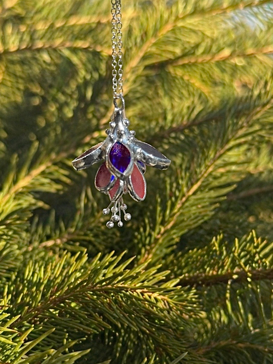 Fuchsia flower Necklace, LEAD FREE Stained glass modern art jewelry new