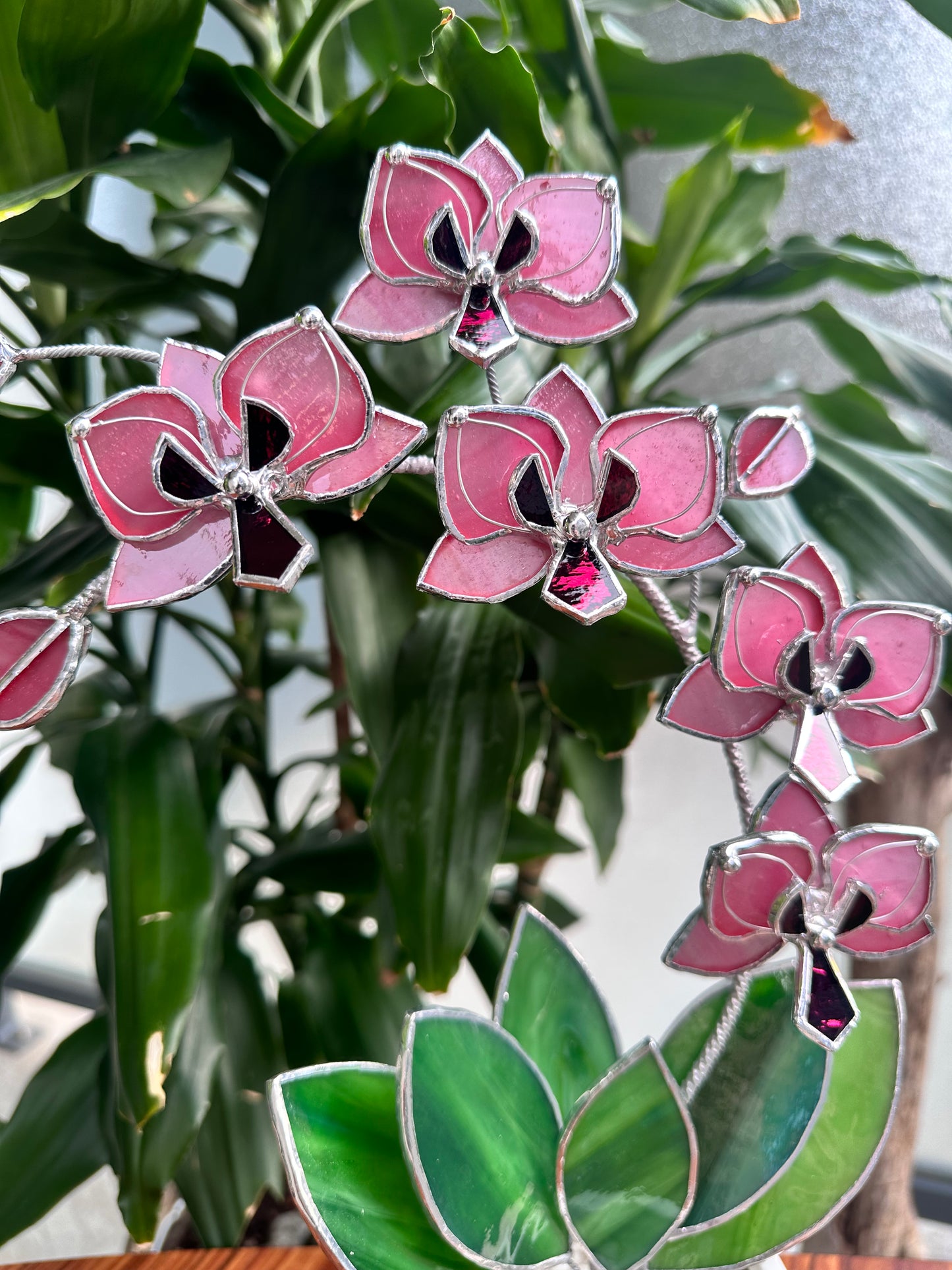 " .Baby Pink Orchid 5 flowers with pot" Stained glass tropical flower 3D, Sun catcher, Table plant, Garden stick, wedding decor, Christmas gift