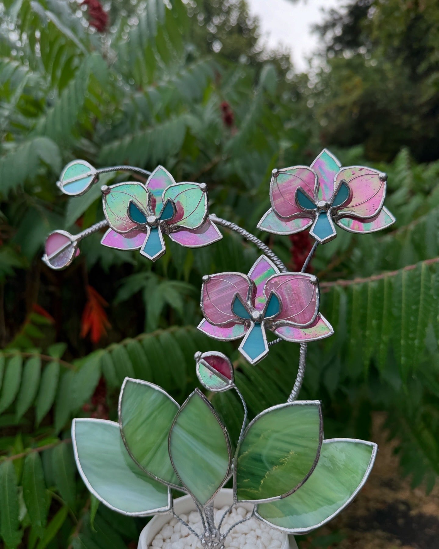" . Candy Pink iridescent Orchid 3 flowers with pot” Stained glass tropical flower 3D, Sun catcher, Table plant, Garden stick, Outdoor and gardening decor