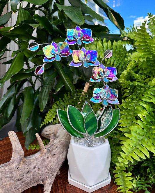 " . Red transparent iridescent Orchid 5 flowers with pot" Stained glass tropical flower 3D, Sun catcher, Table plant, Garden stick, wedding decor, Christmas gift