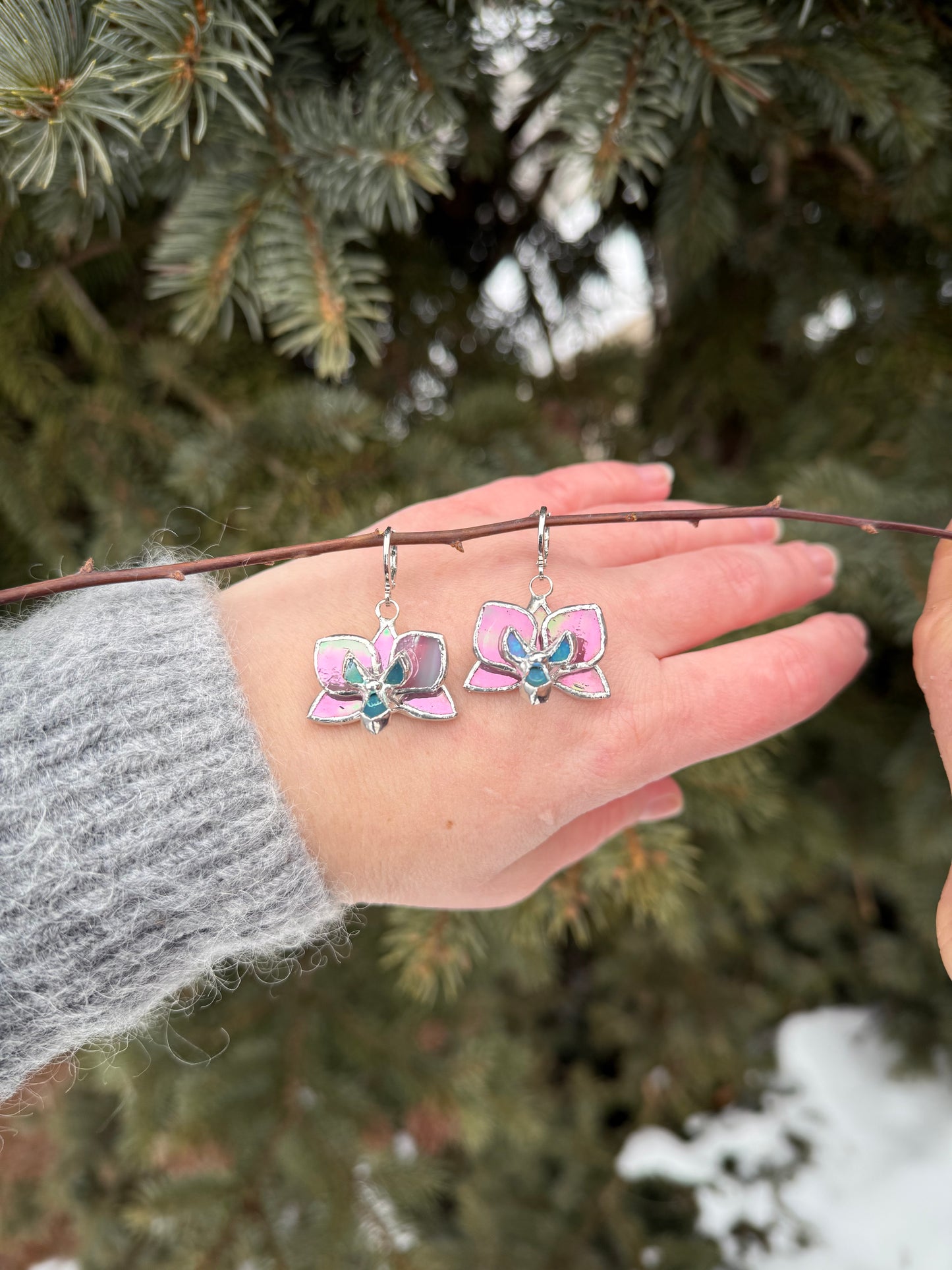 " . Earrings Orchid Candy Pink iridescent ” Stained glass tropical flower 3D, art jewelry necklace ring