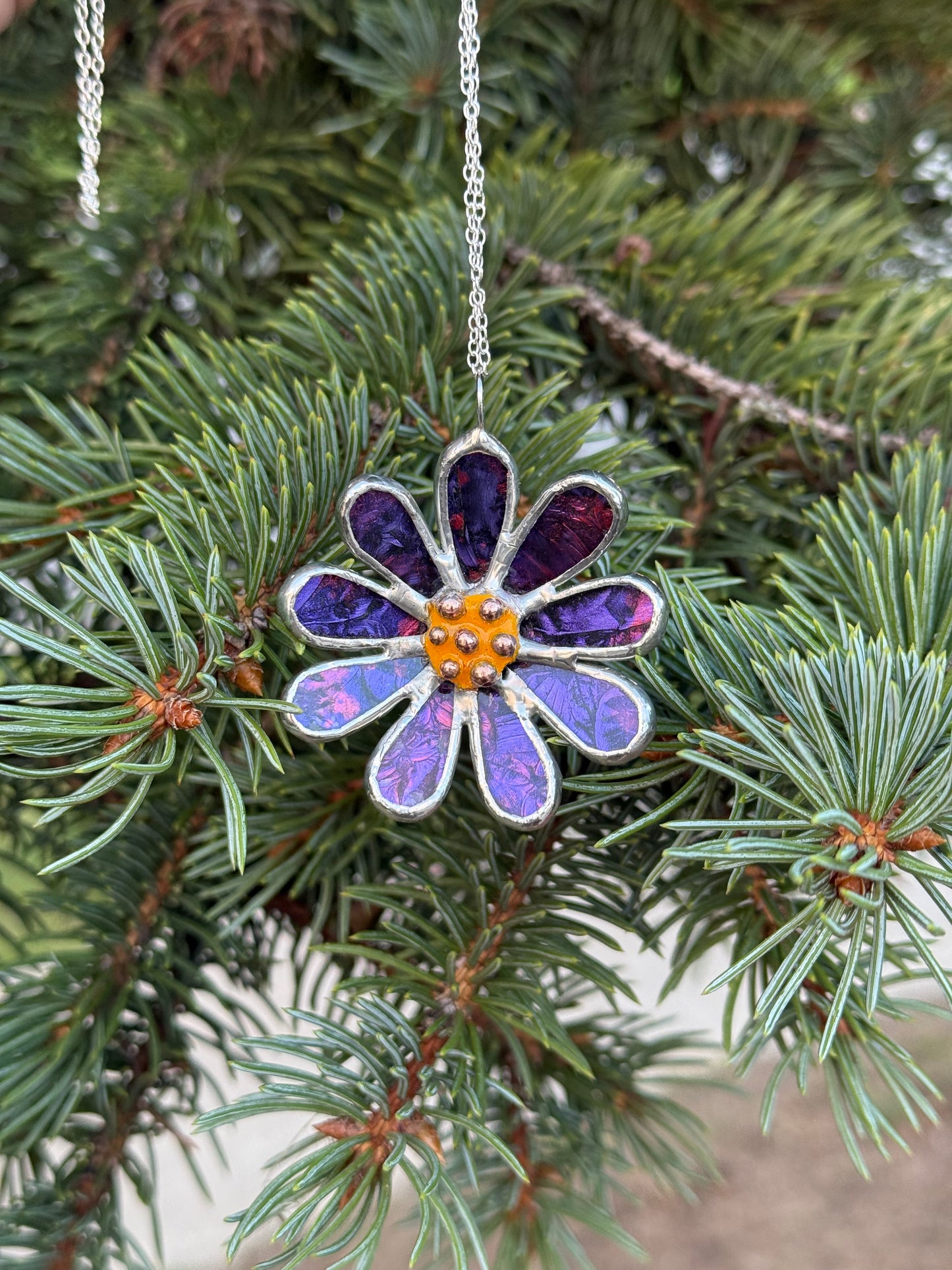 Daisy Purple & Pink, Stained Glass Necklace or Brooch, Handmade Botanical Jewelry