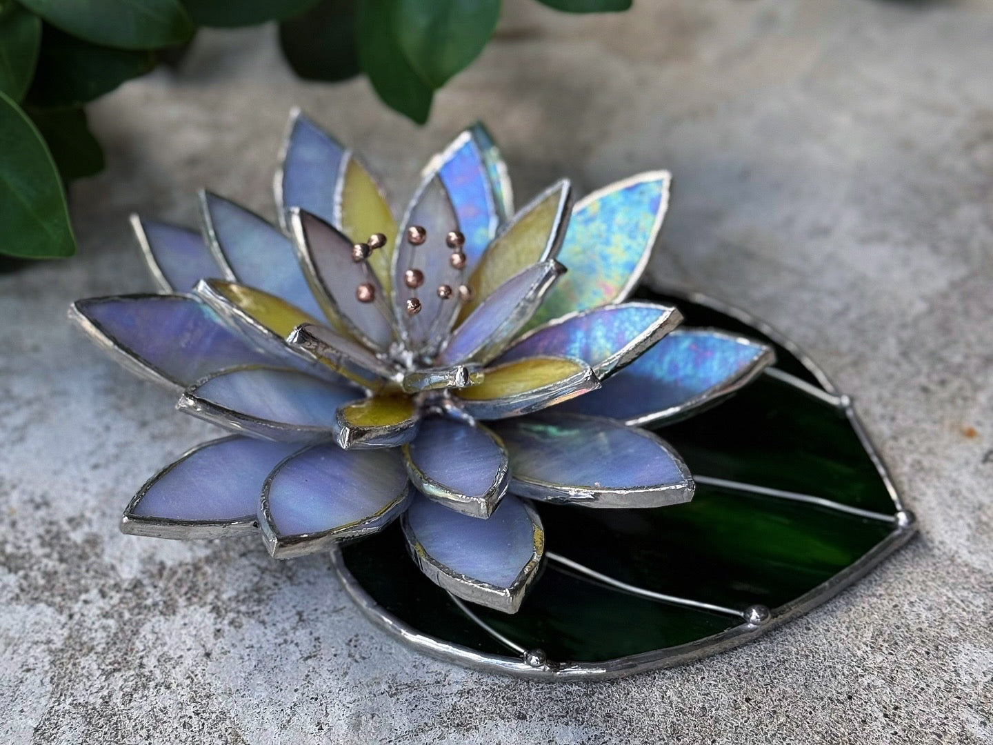 " .  Lavender iridescent Water Lily with leaf" Stained glass table decor, suncatcher, succulents