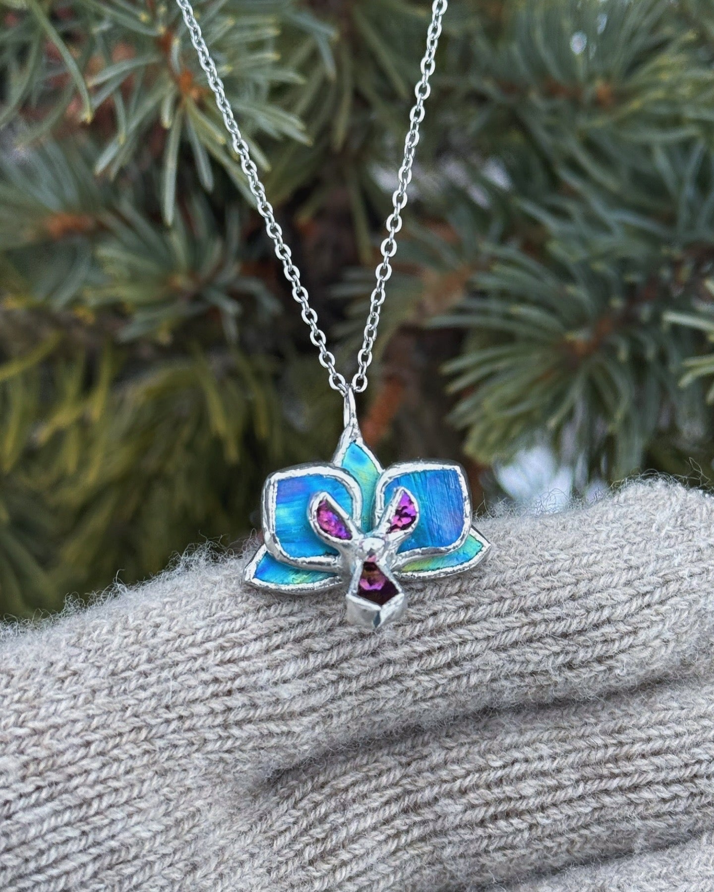 " . Necklace Orchid Sky Blue iridescent Necklace” Stained glass tropical flower 3D, art jewelry