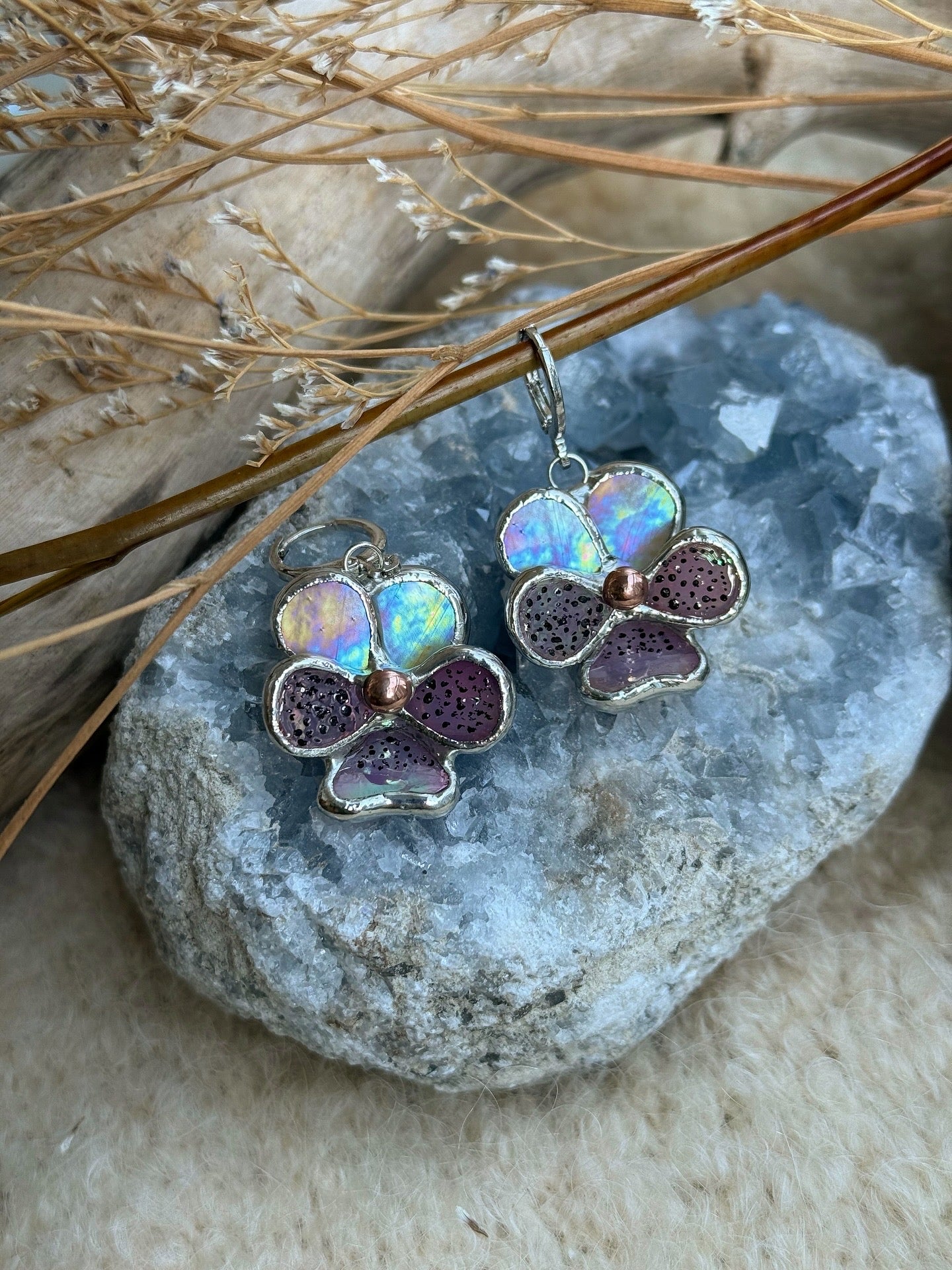 " . Earrings Pansy flower” Stained glass modern floral art jewelry