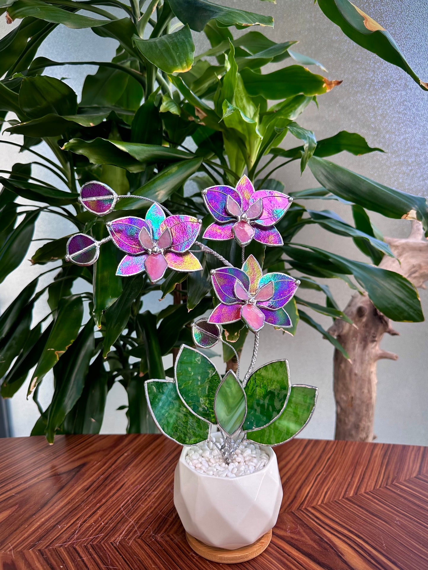 " . Mauve iridescent Butterfly Orchid 3 flowers with pot” Stained glass tropical flower 3D, Sun catcher, Table plant, Garden stick, Outdoor and gardening decor