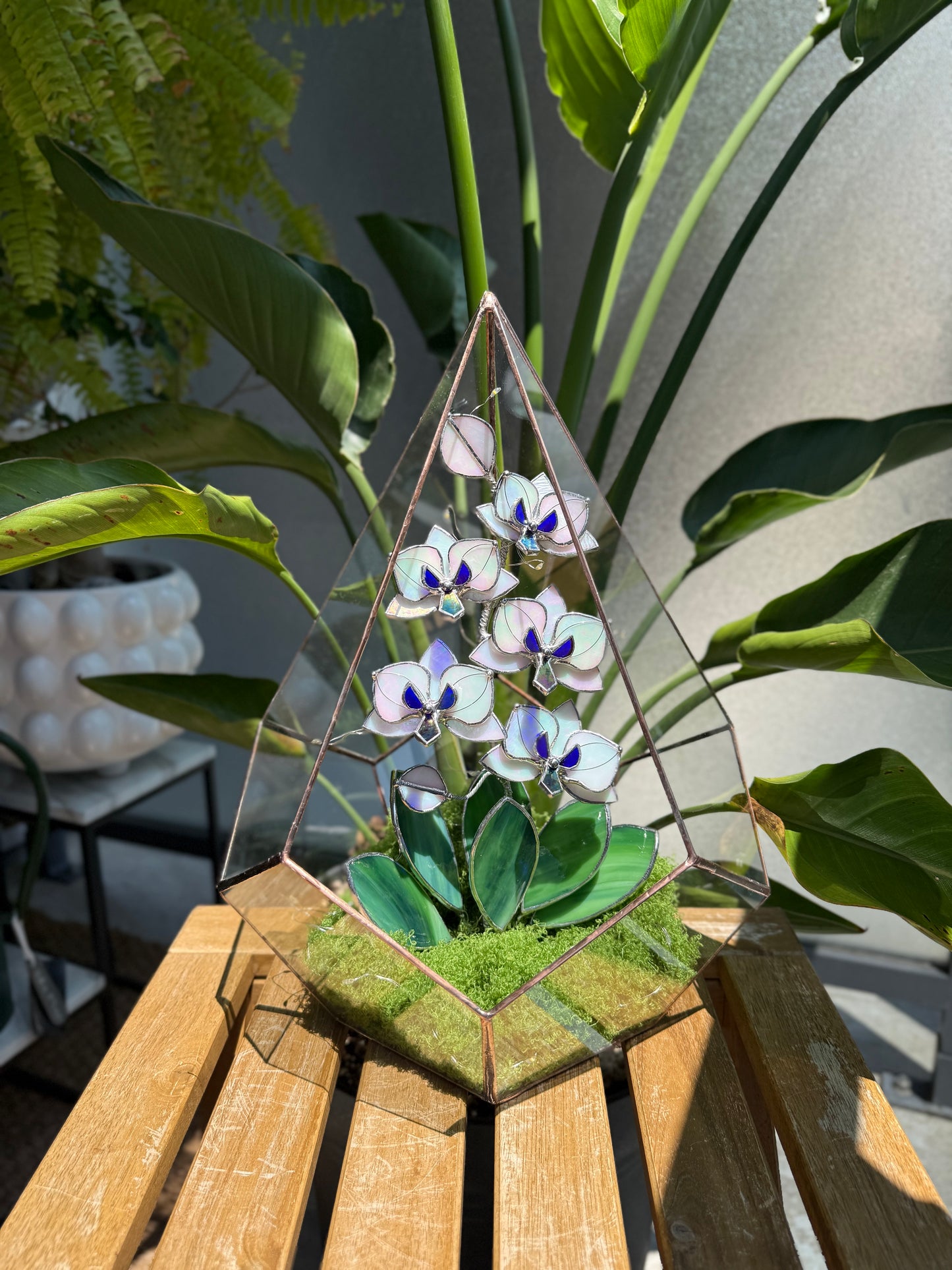 .CHOOSE COLOR Handcrafted Geometric glass 3D terrarium Teardrop with stained glass orchid