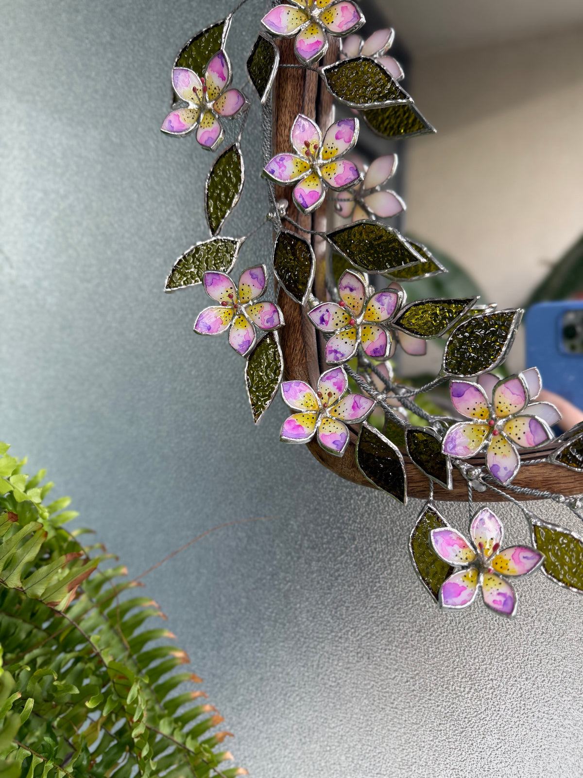 .Tropical Flower Hand Painted Stained glass Flower Mirror, 3D Botanical Floral Wall Art ready new