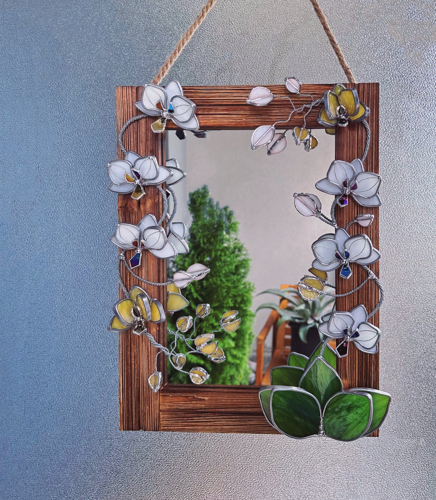 "Blooming Orchid white" Stained glass flower Mirror wall decor Art, Wedding, Christmas, gift Decoration Glass flowers Succulents.