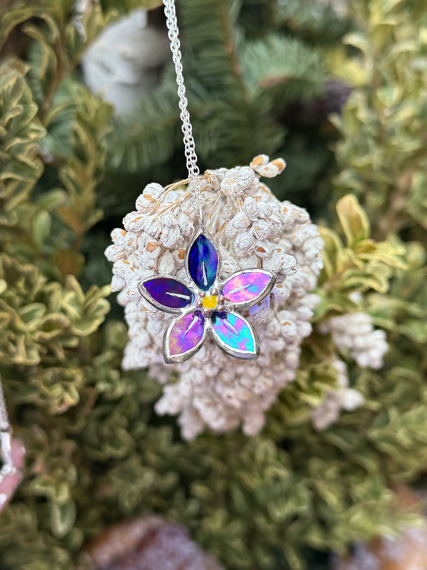 Forget Me Not Necklace Stained Glass Necklace Indigo, Botanical Jewelry