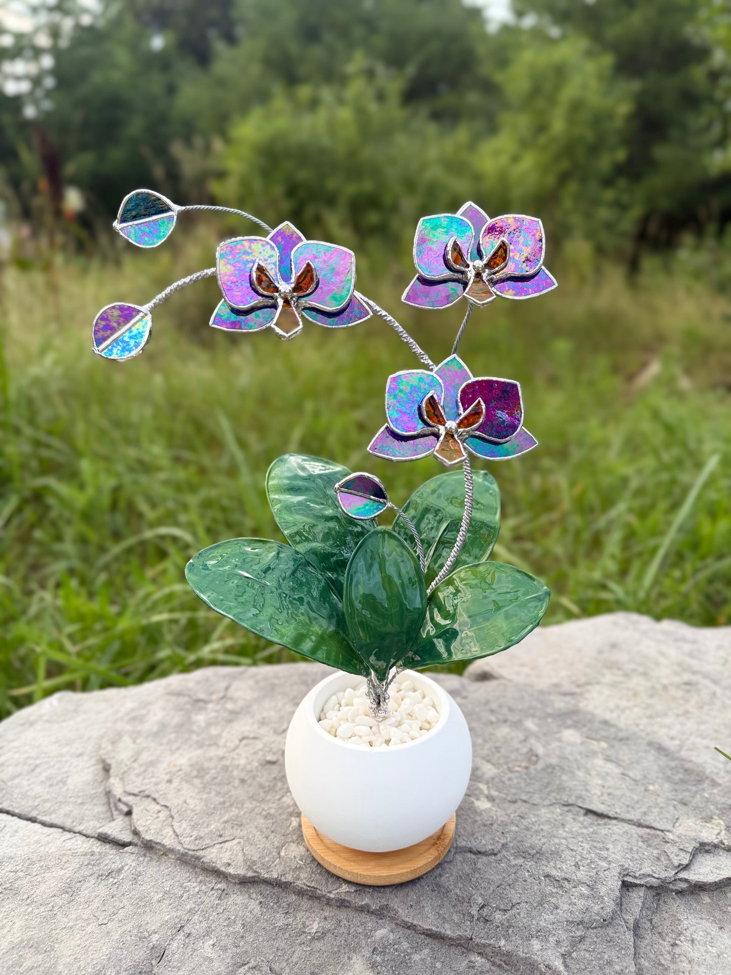 Orchid Indigo Iridescent Stained Glass WITH Hand Painted RESIN LEAVES, 3 Flowers, Botanical Table Decor